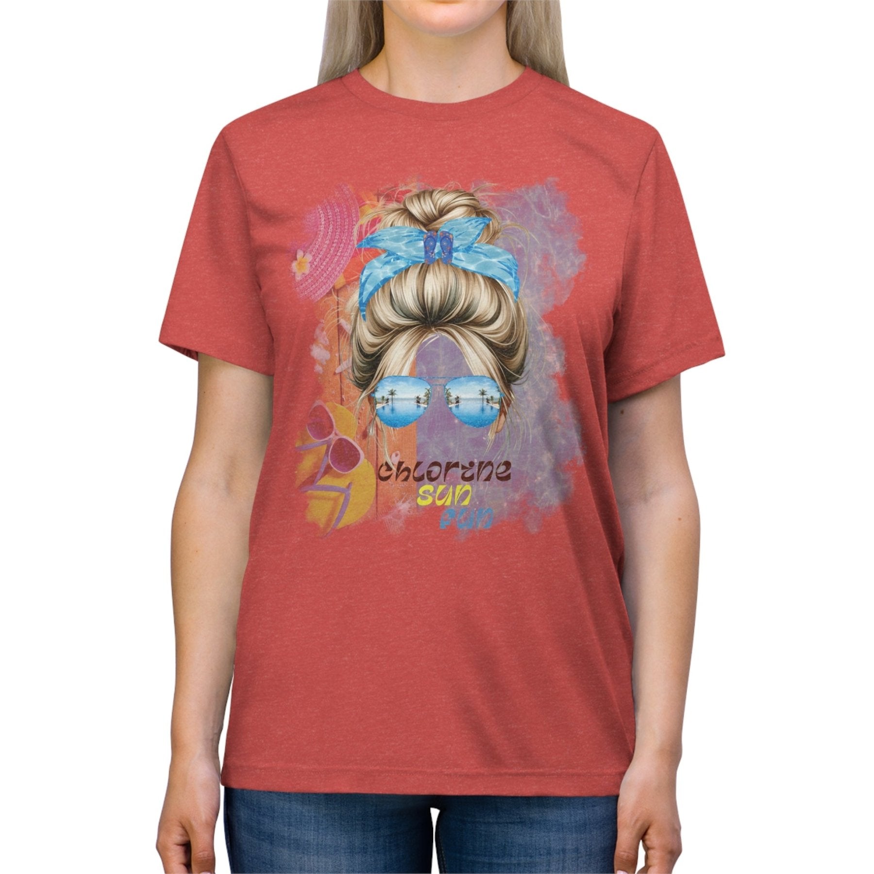 chlorine sun fun, Blond Hair Messy Bun, Pool Scene, Unisex Triblend T - Shirt - Janlyn's Crafts