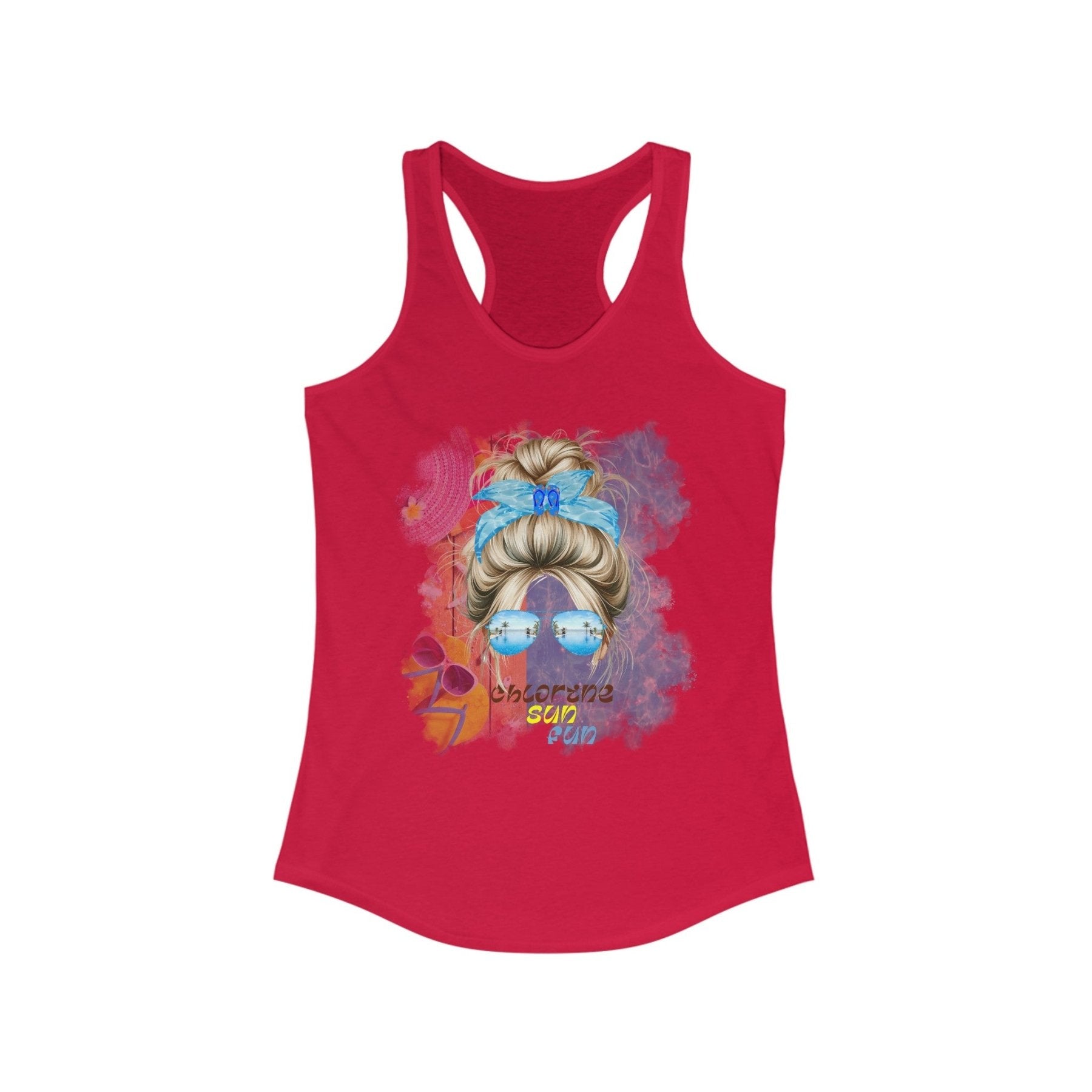 chlorine sun fun, Blond Hair Messy Bun, Pool Scene, Women's Ideal Racerback Tank - Janlyn's Crafts