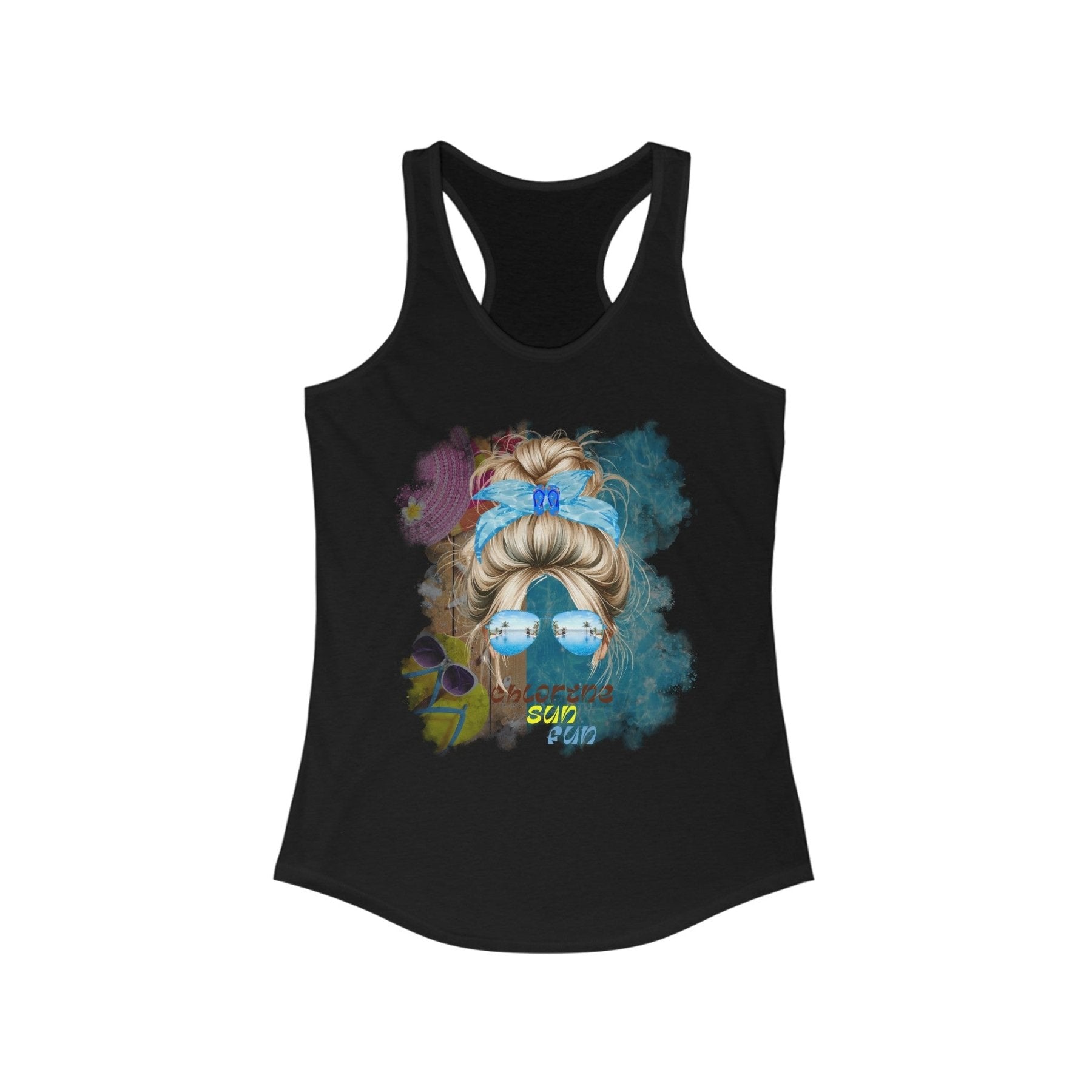 chlorine sun fun, Blond Hair Messy Bun, Pool Scene, Women's Ideal Racerback Tank - Janlyn's Crafts