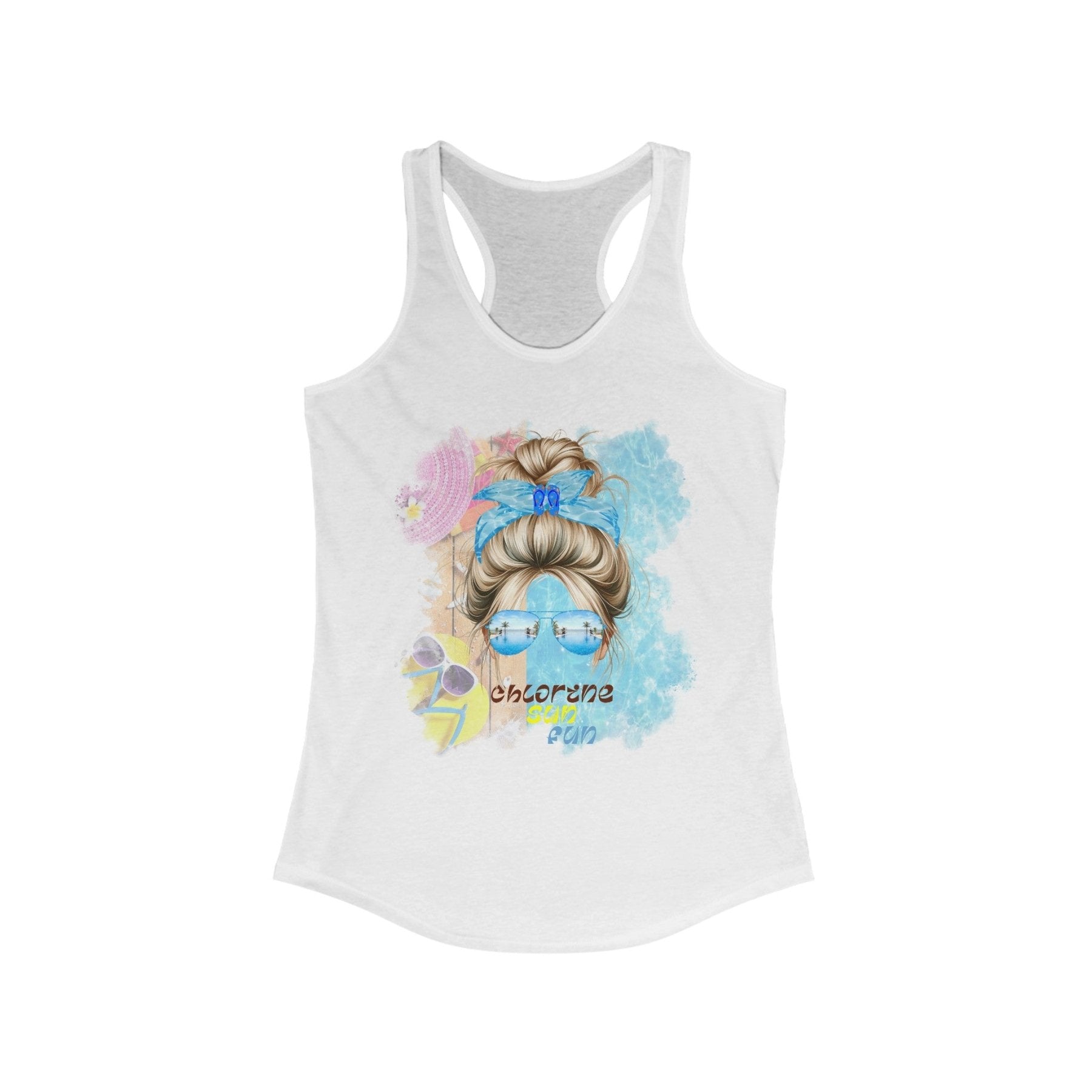 chlorine sun fun, Blond Hair Messy Bun, Pool Scene, Women's Ideal Racerback Tank - Janlyn's Crafts