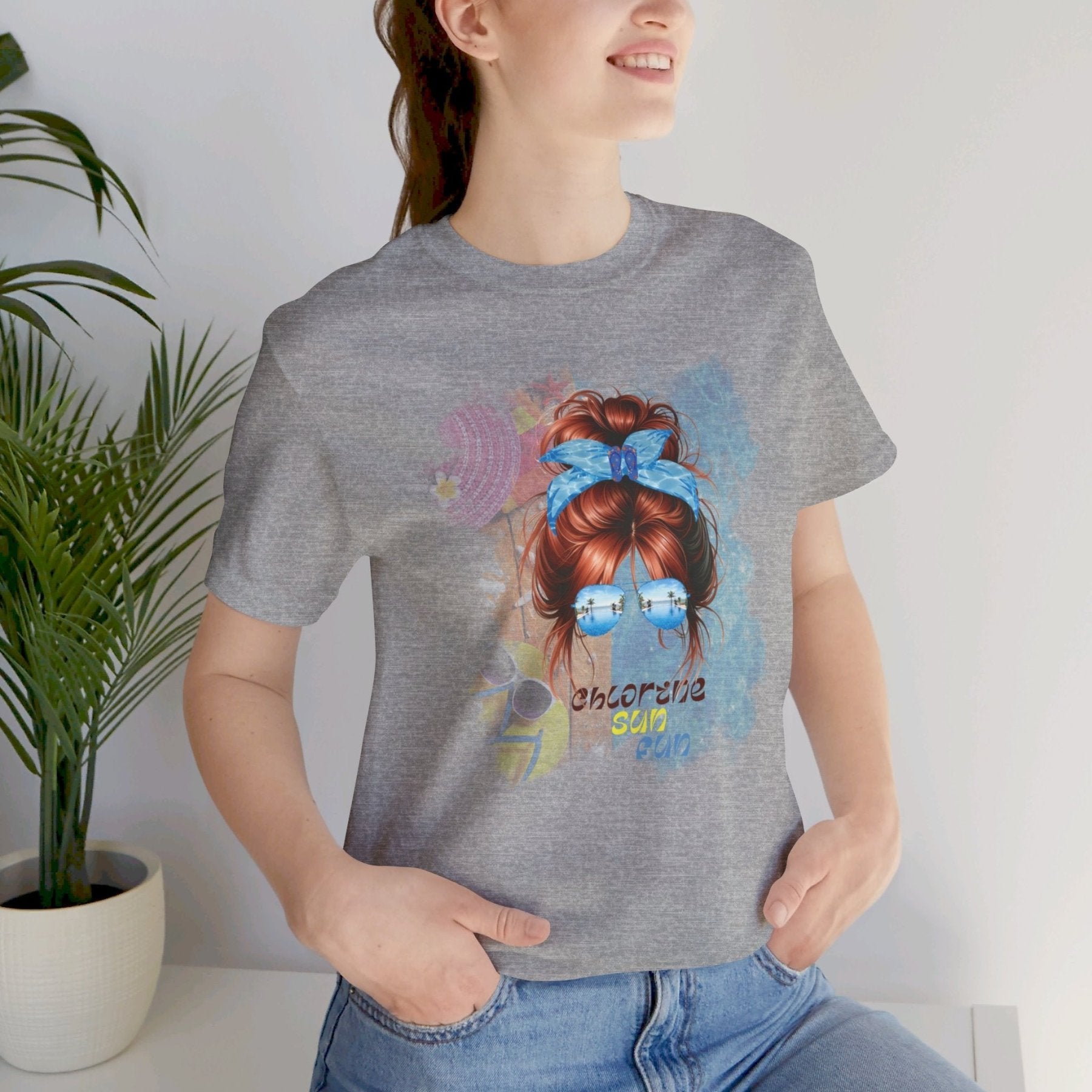 chlorine sun fun, Red Hair Messy Bun, Pool Scene, Unisex Jersey Short Sleeve Tee - Janlyn's Crafts