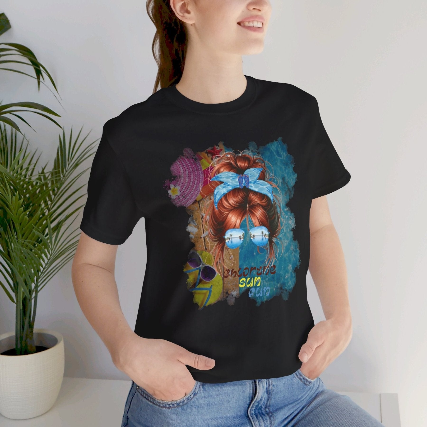 chlorine sun fun, Red Hair Messy Bun, Pool Scene, Unisex Jersey Short Sleeve Tee - Janlyn's Crafts