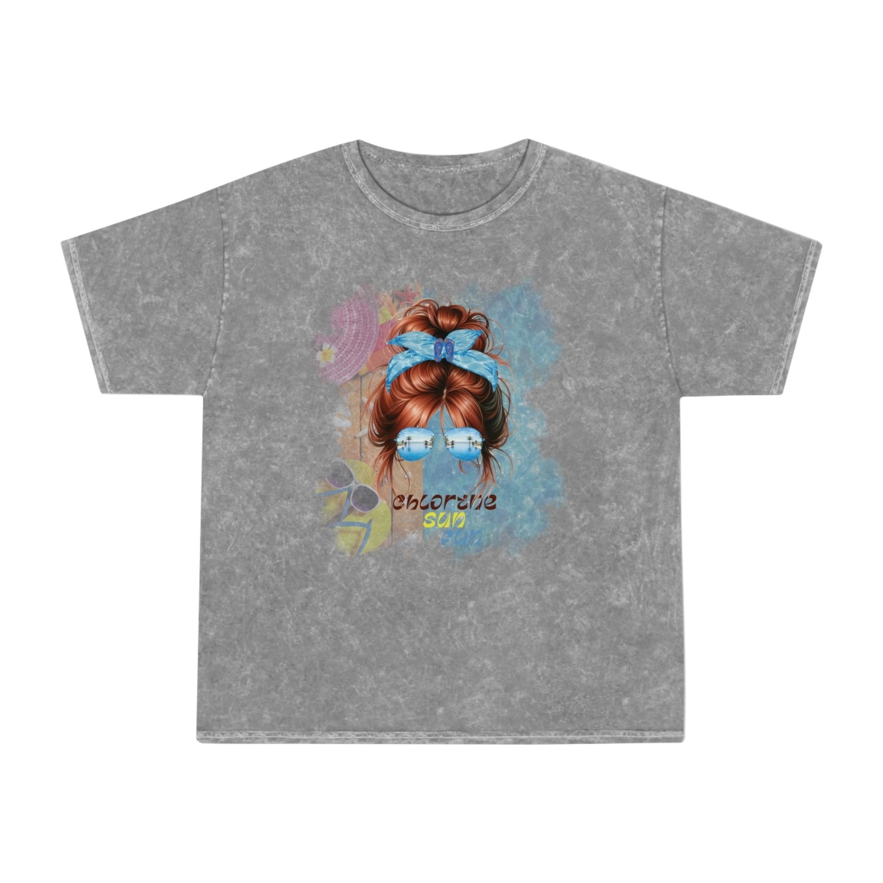 chlorine sun fun, Red Hair Messy Bun, Pool Scene, Unisex Mineral Wash T - Shirt - Janlyn's Crafts