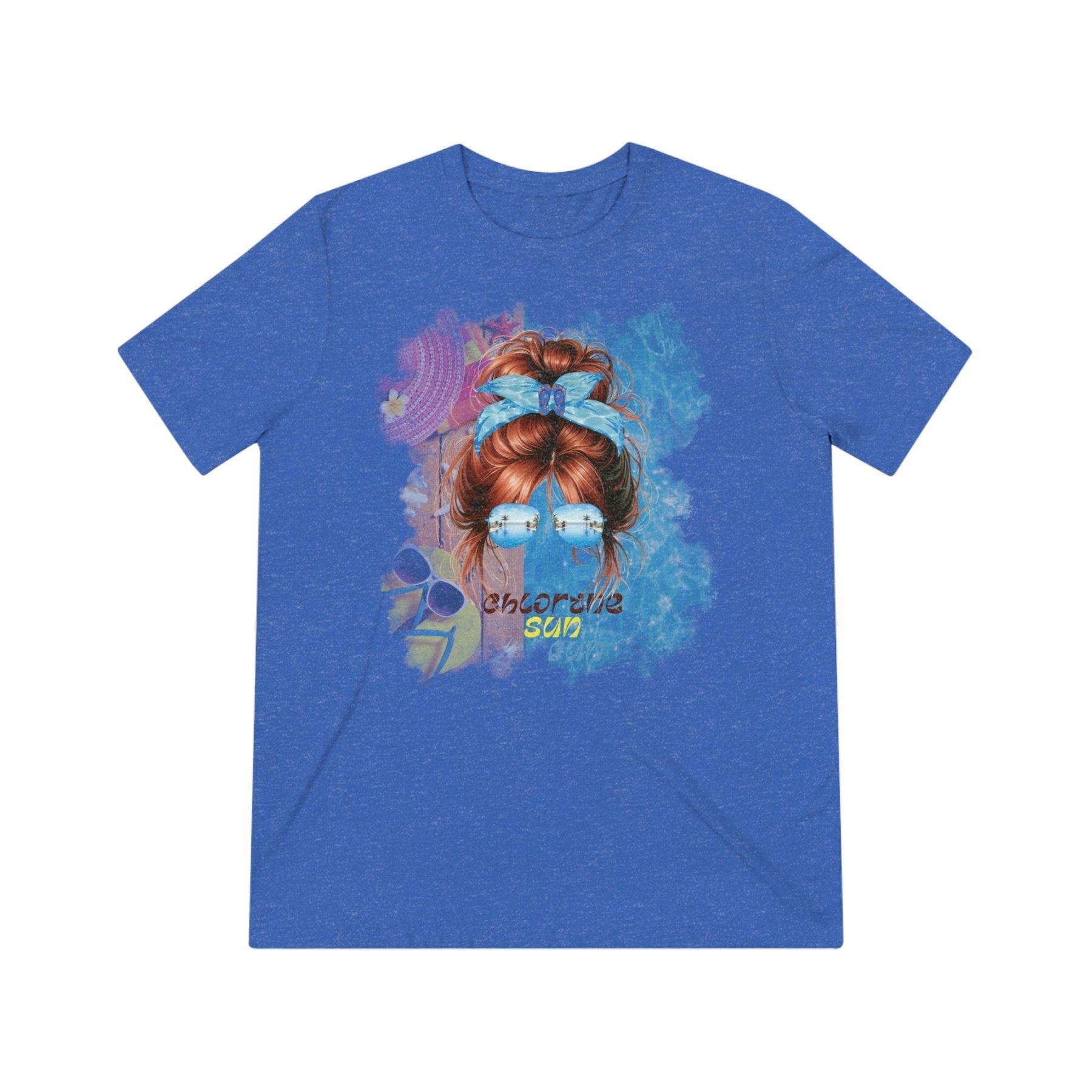 chlorine sun fun, Red Hair Messy Bun, Pool Scene, Unisex Triblend T - Shirt - Janlyn's Crafts