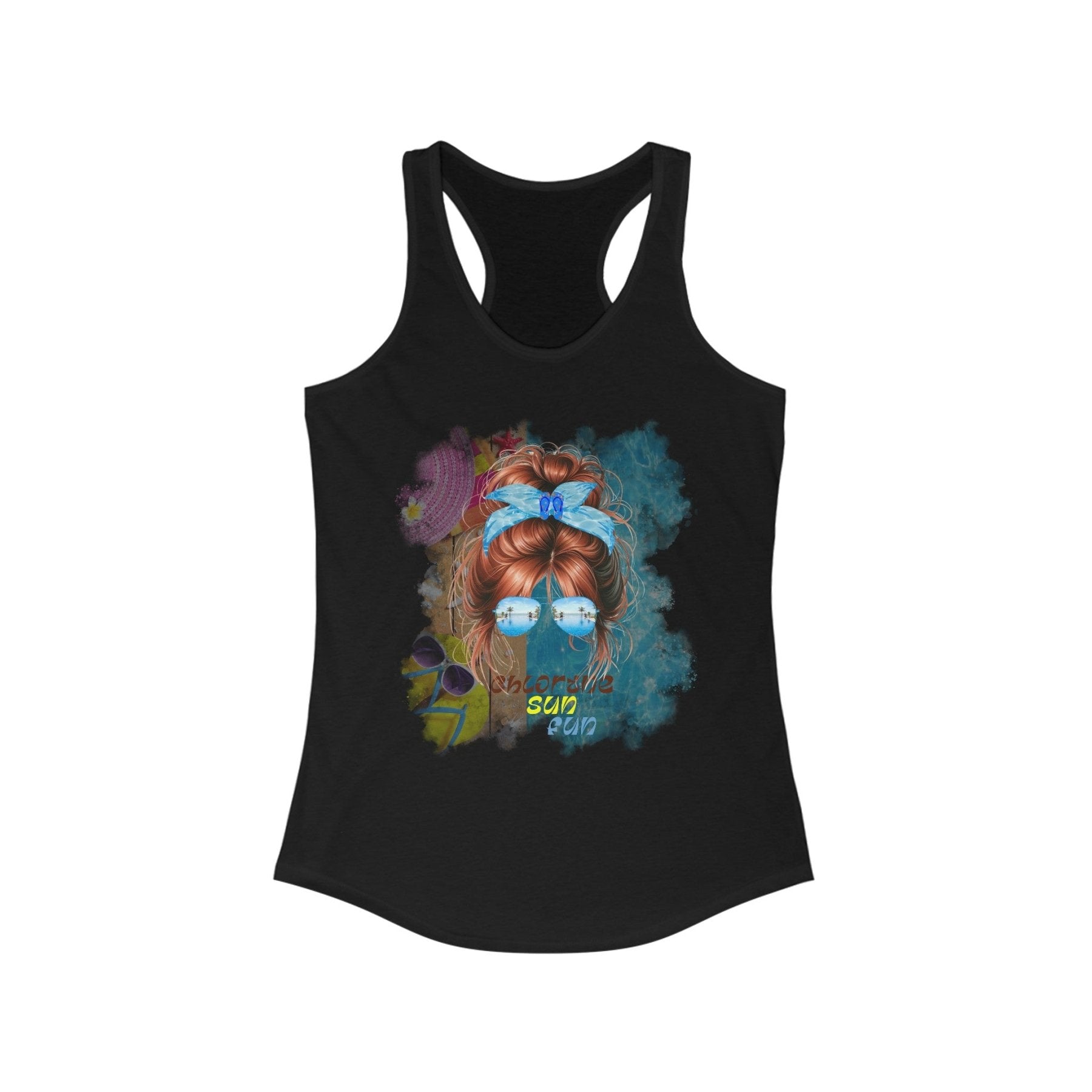 chlorine sun fun, Red Hair Messy Bun, Pool Scene, Women's Ideal Racerback Tank - Janlyn's Crafts