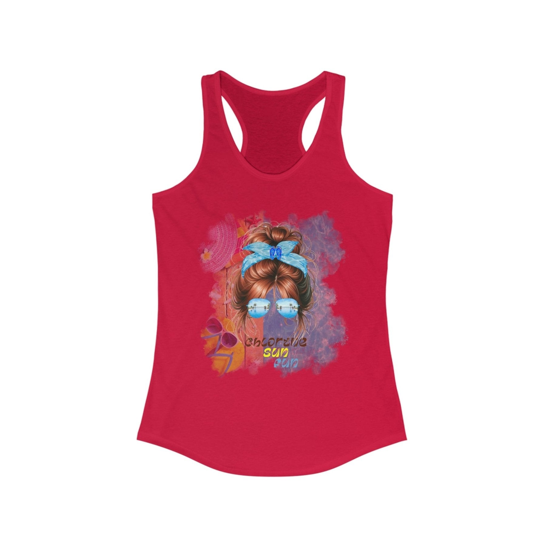 chlorine sun fun, Red Hair Messy Bun, Pool Scene, Women's Ideal Racerback Tank - Janlyn's Crafts