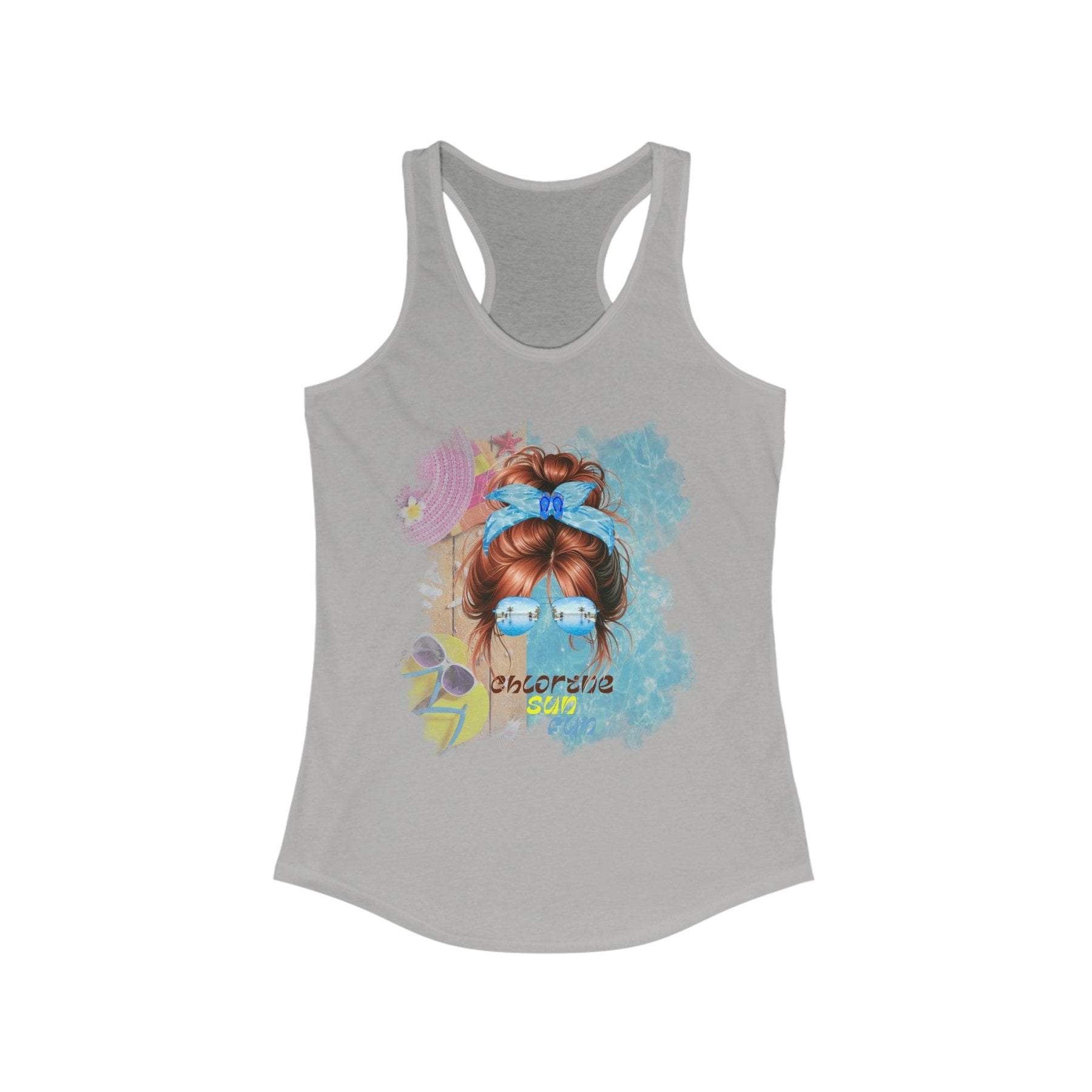 chlorine sun fun, Red Hair Messy Bun, Pool Scene, Women's Ideal Racerback Tank - Janlyn's Crafts