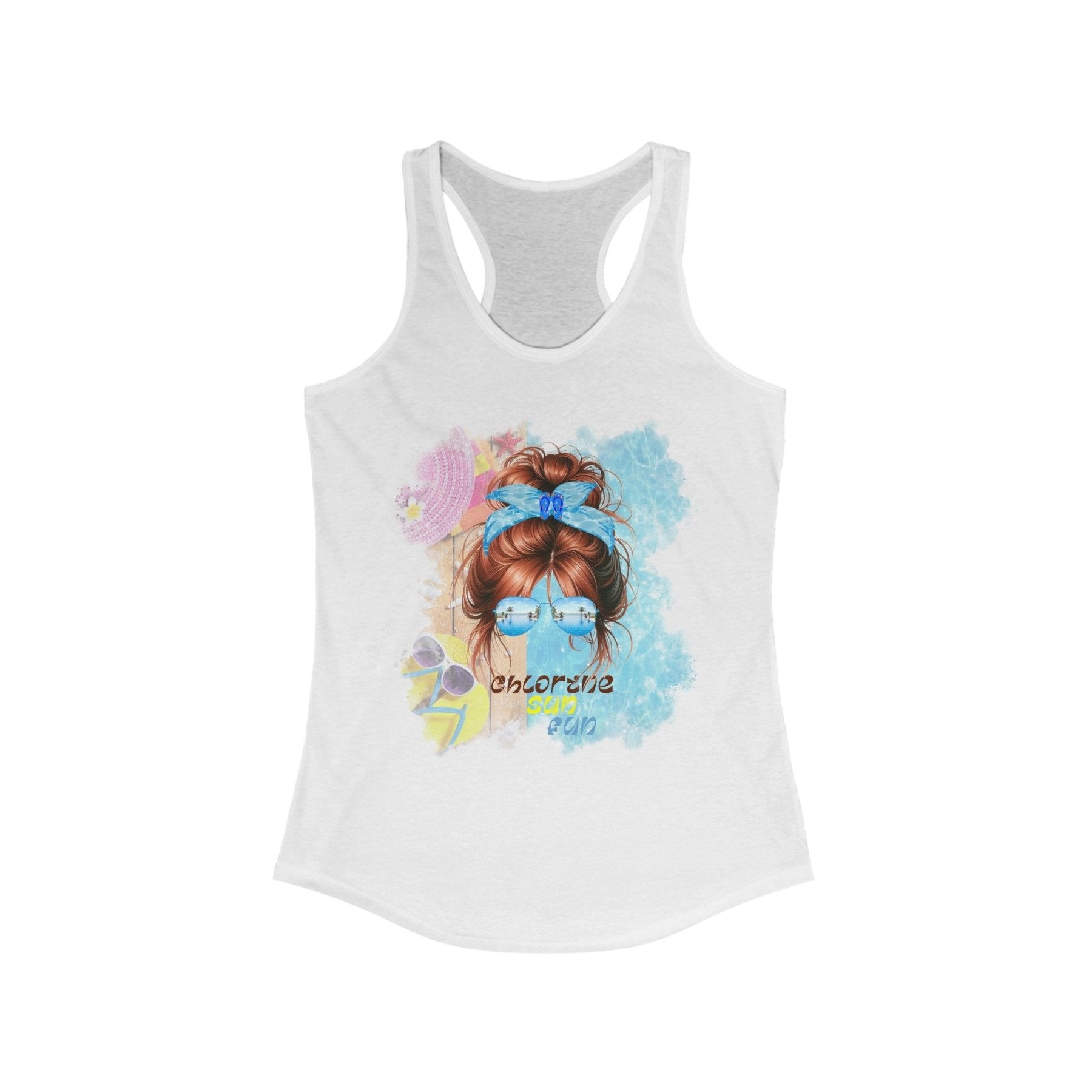 chlorine sun fun, Red Hair Messy Bun, Pool Scene, Women's Ideal Racerback Tank - Janlyn's Crafts