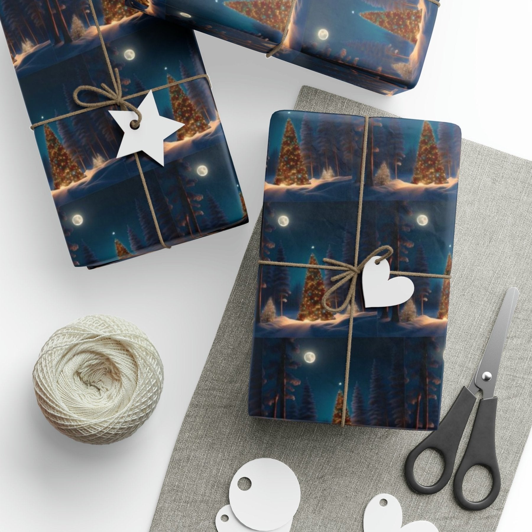 Christmas Wrapping Paper, Forest Christmas Tree and Full Moon Scene 1 - Janlyn's Crafts