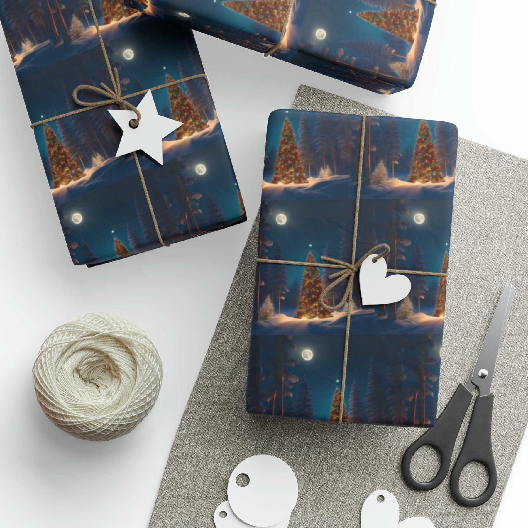 Christmas Wrapping Paper, Forest Christmas Tree and Full Moon Scene 1 - Janlyn's Crafts