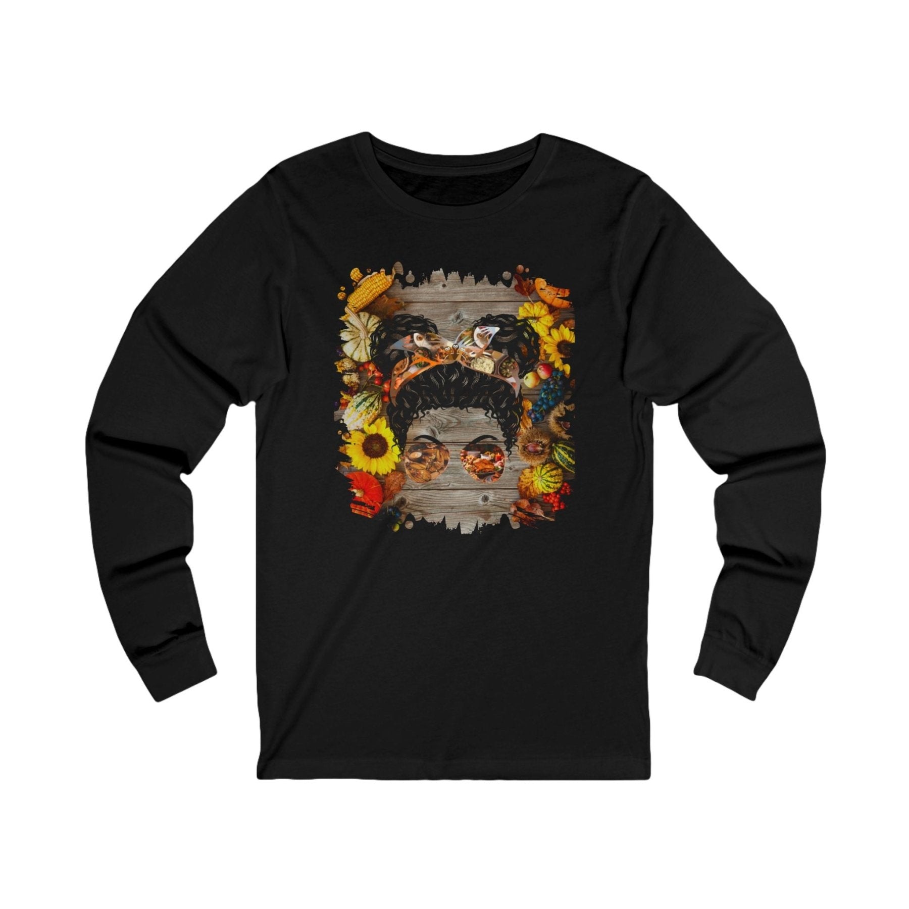 Decorated Background, Black Hair Messy Bun, Unisex Jersey Long Sleeve Tee - Janlyn's Crafts