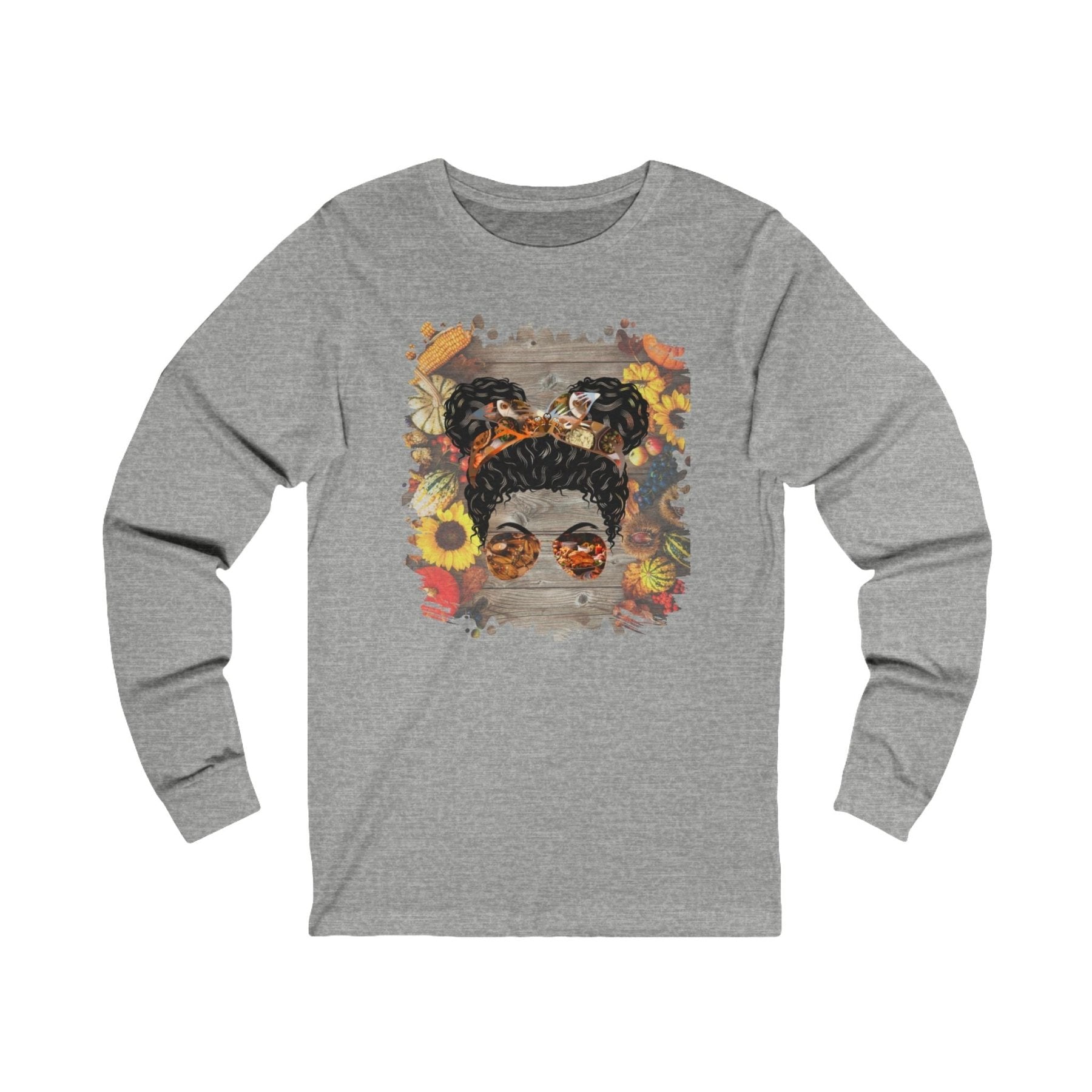 Decorated Background, Black Hair Messy Bun, Unisex Jersey Long Sleeve Tee - Janlyn's Crafts