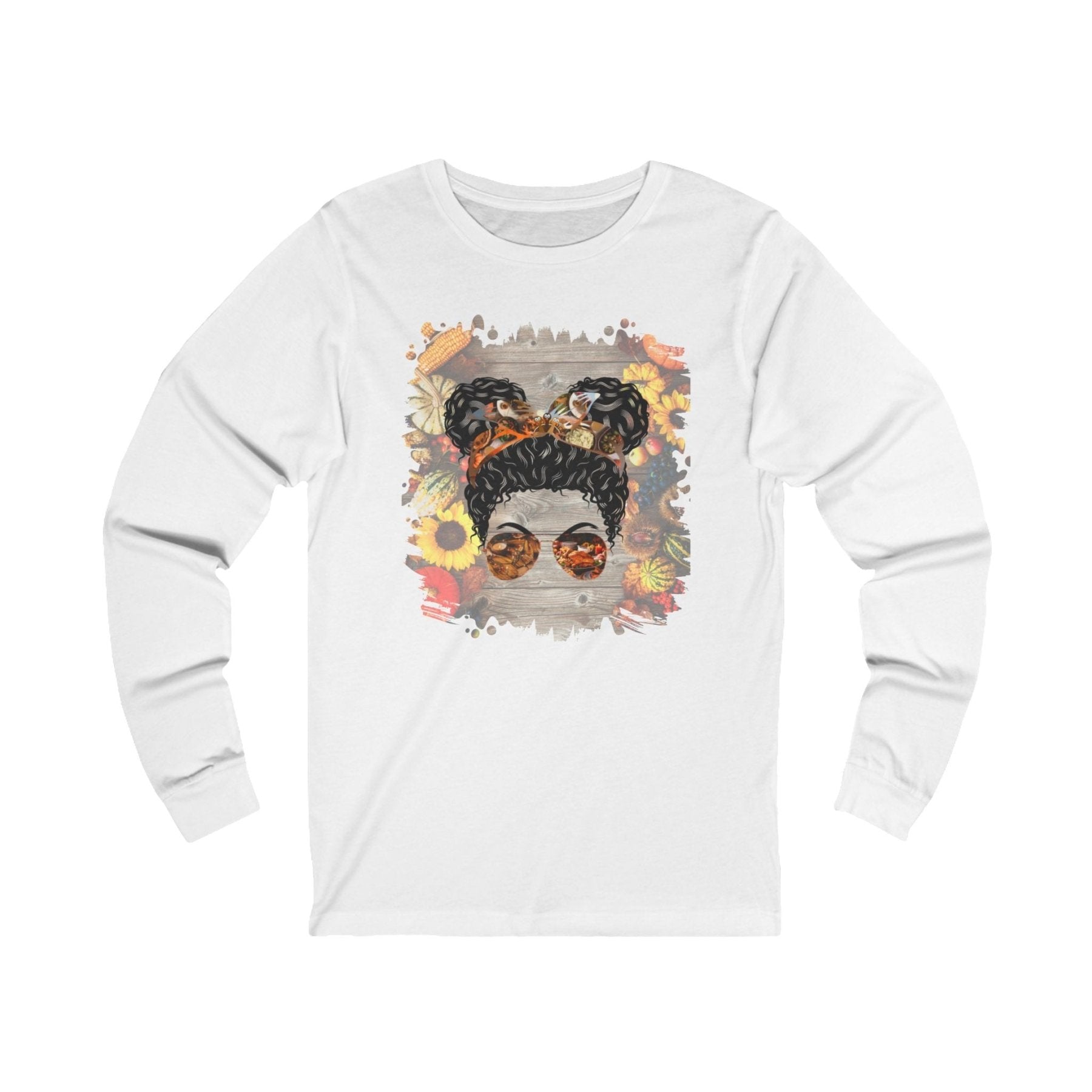 Decorated Background, Black Hair Messy Bun, Unisex Jersey Long Sleeve Tee - Janlyn's Crafts