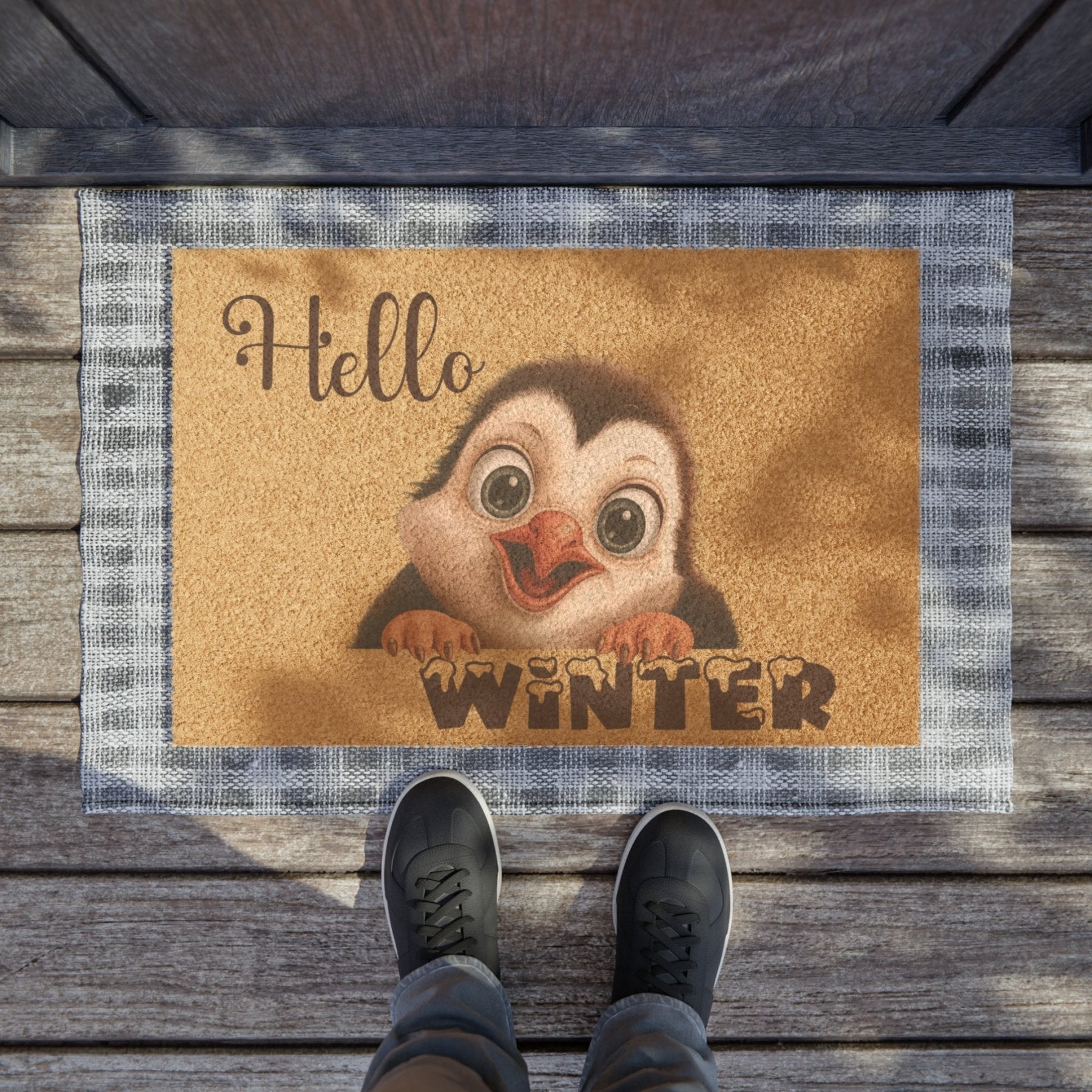 Doormat, Door Mat, Penguin, Winter, Hello Winter Brown - Janlyn's Crafts