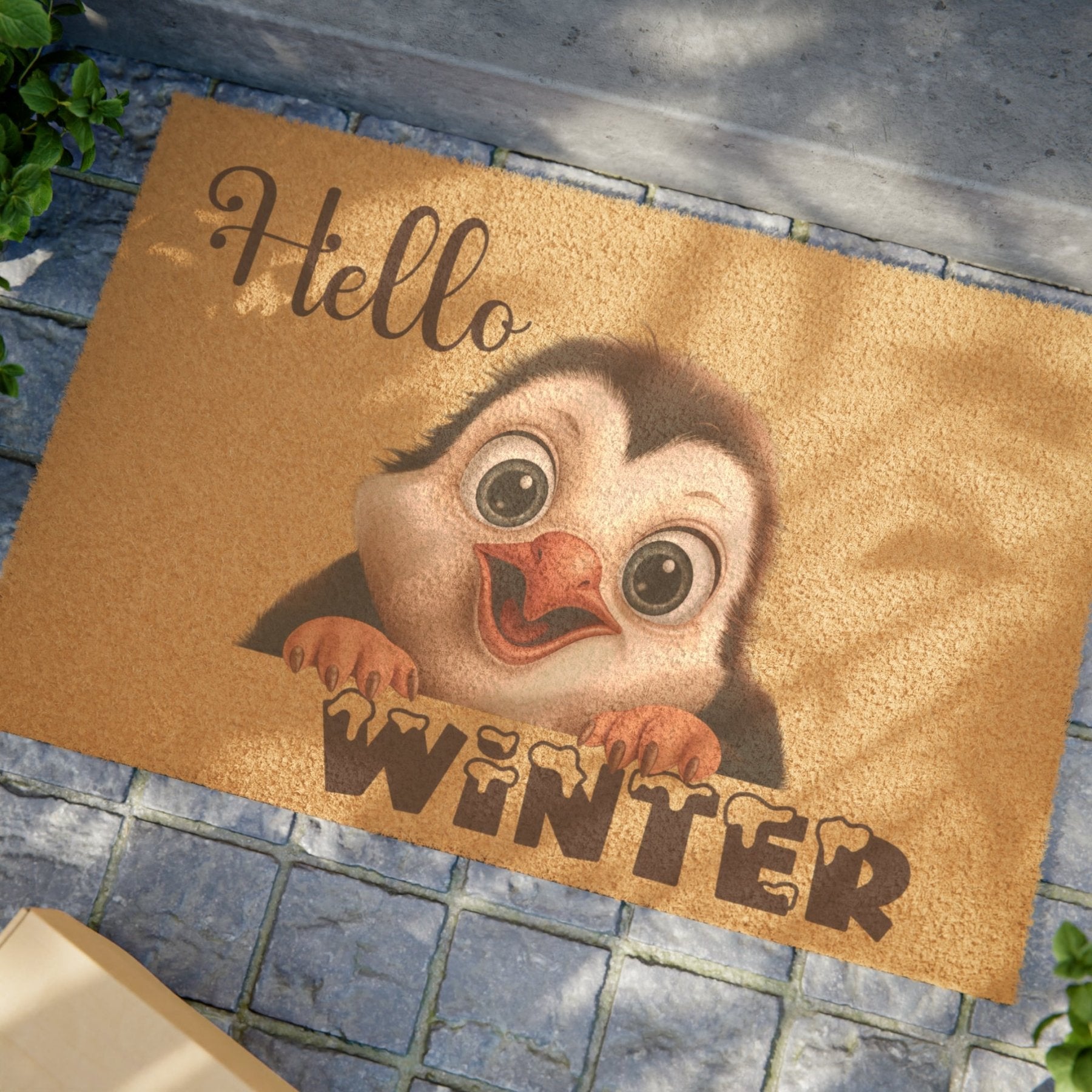 Doormat, Door Mat, Penguin, Winter, Hello Winter Brown - Janlyn's Crafts