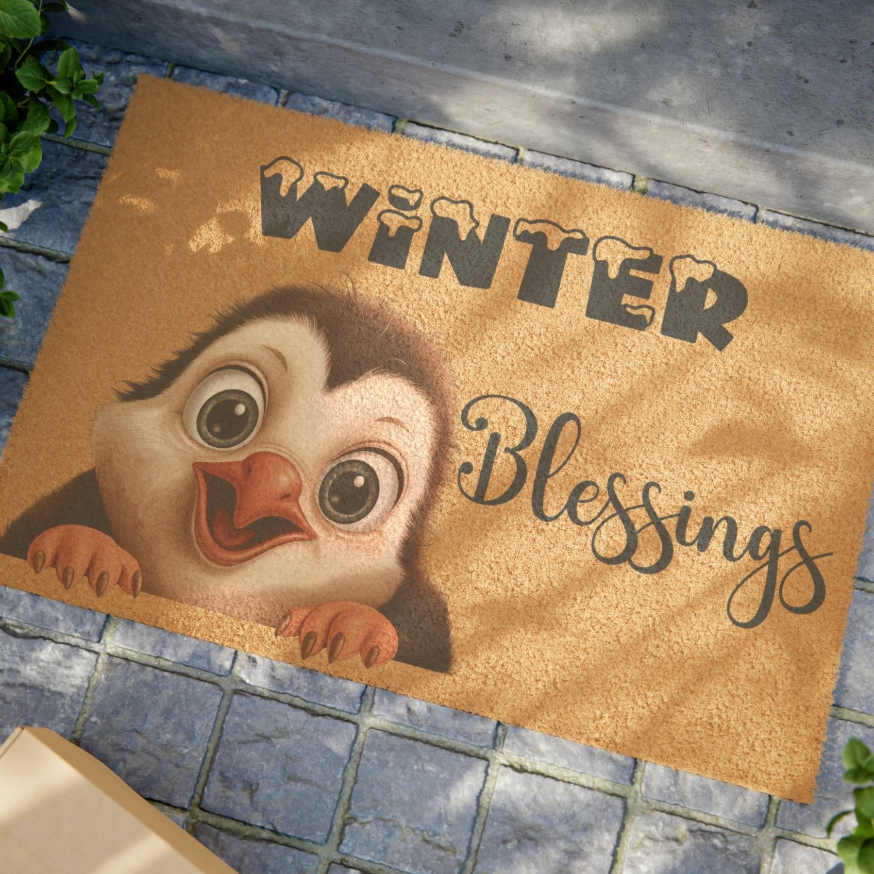 Doormat, Door Mat, Penguin, Winter, Winter Blessings Blue - Janlyn's Crafts