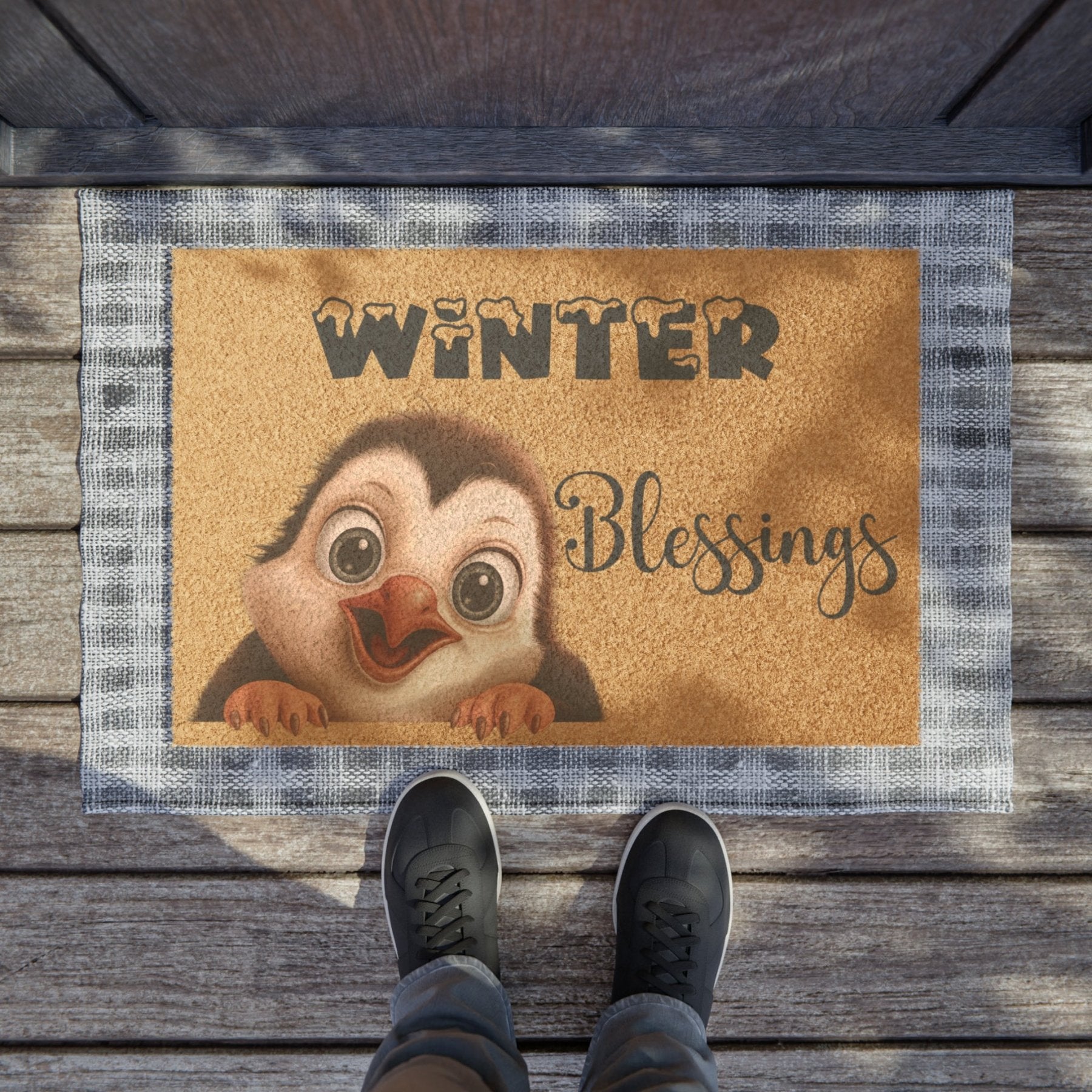 Doormat, Door Mat, Penguin, Winter, Winter Blessings Blue - Janlyn's Crafts