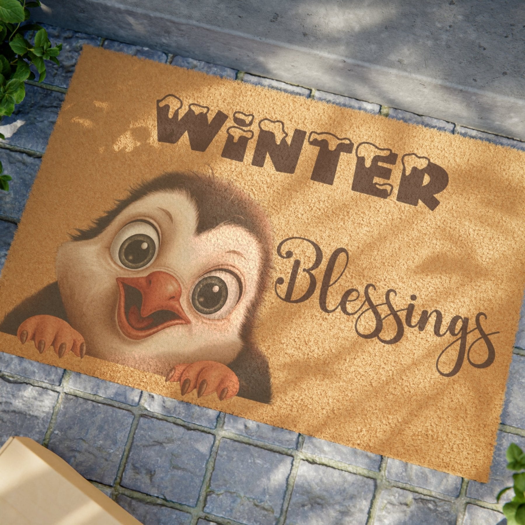 Doormat, Door Mat, Penguin, Winter, Winter Blessings Brown - Janlyn's Crafts