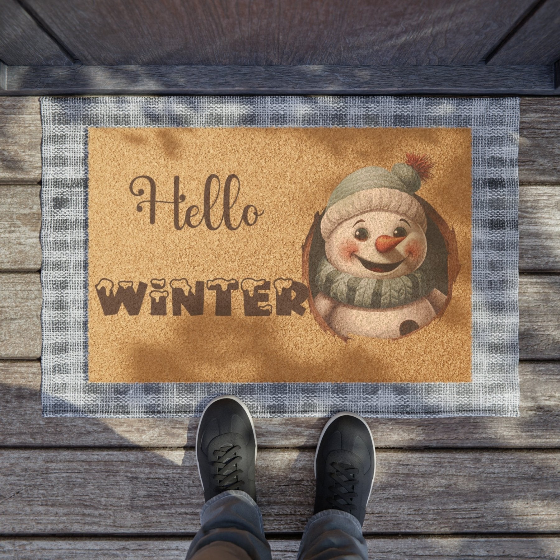 Doormat, Door Mat, Snowman, Winter, Hello Winter Brown - Janlyn's Crafts