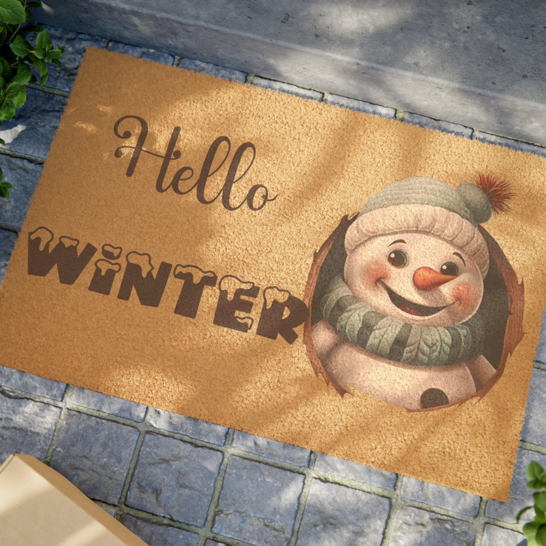 Doormat, Door Mat, Snowman, Winter, Hello Winter Brown - Janlyn's Crafts