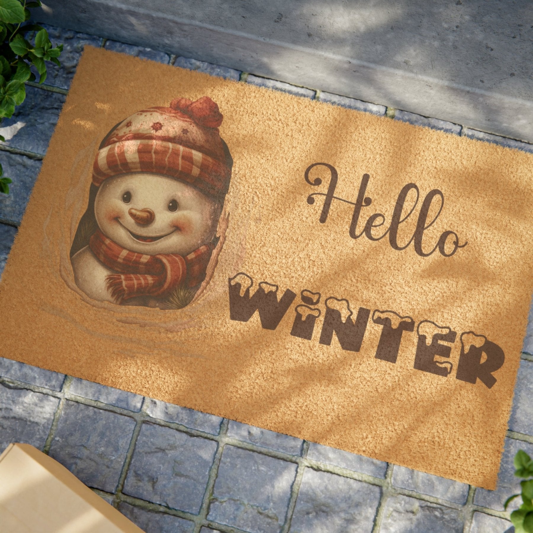 Doormat, Door Mat, Snowman, Winter, Hello Winter Brown, Snowman 3 - Janlyn's Crafts