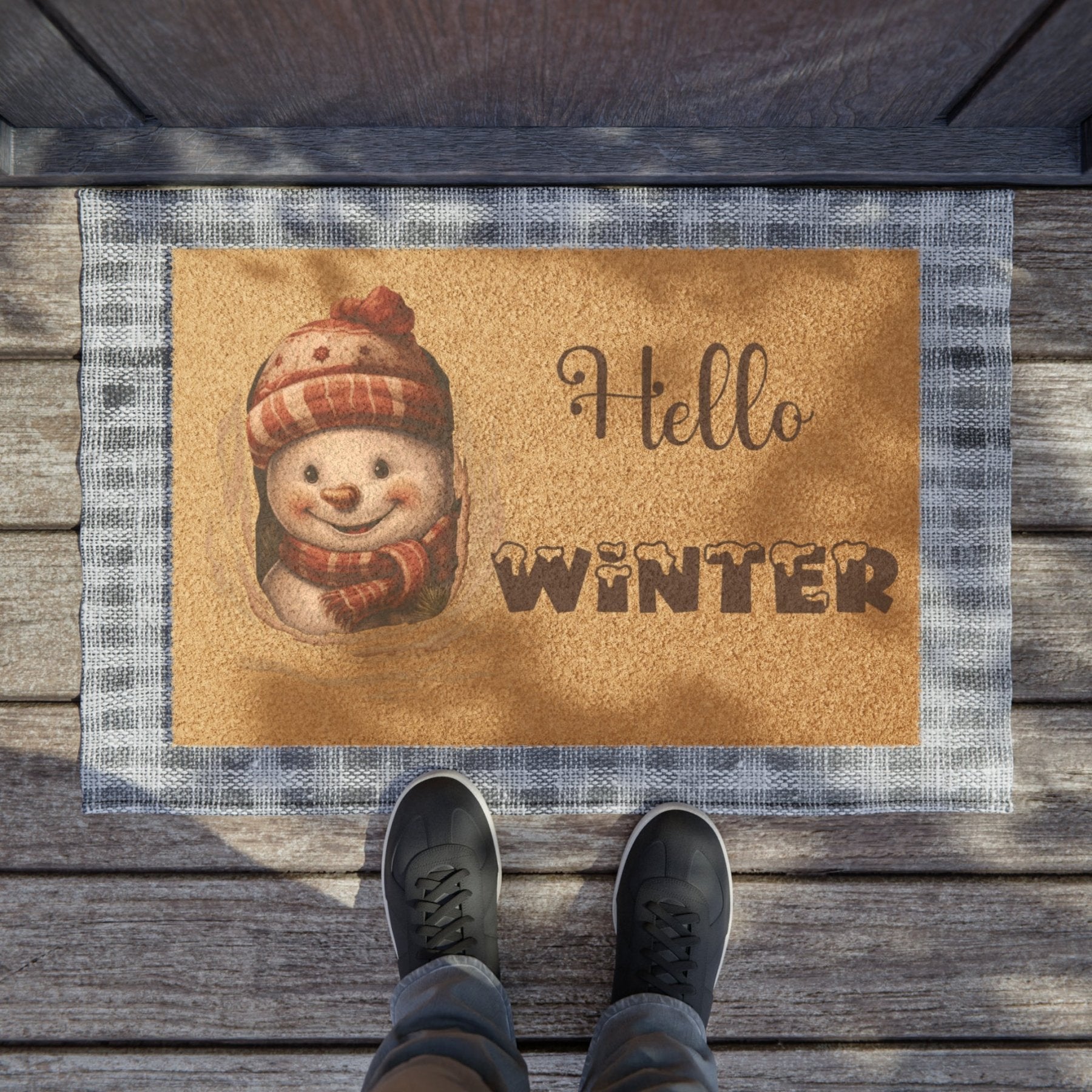 Doormat, Door Mat, Snowman, Winter, Hello Winter Brown, Snowman 3 - Janlyn's Crafts