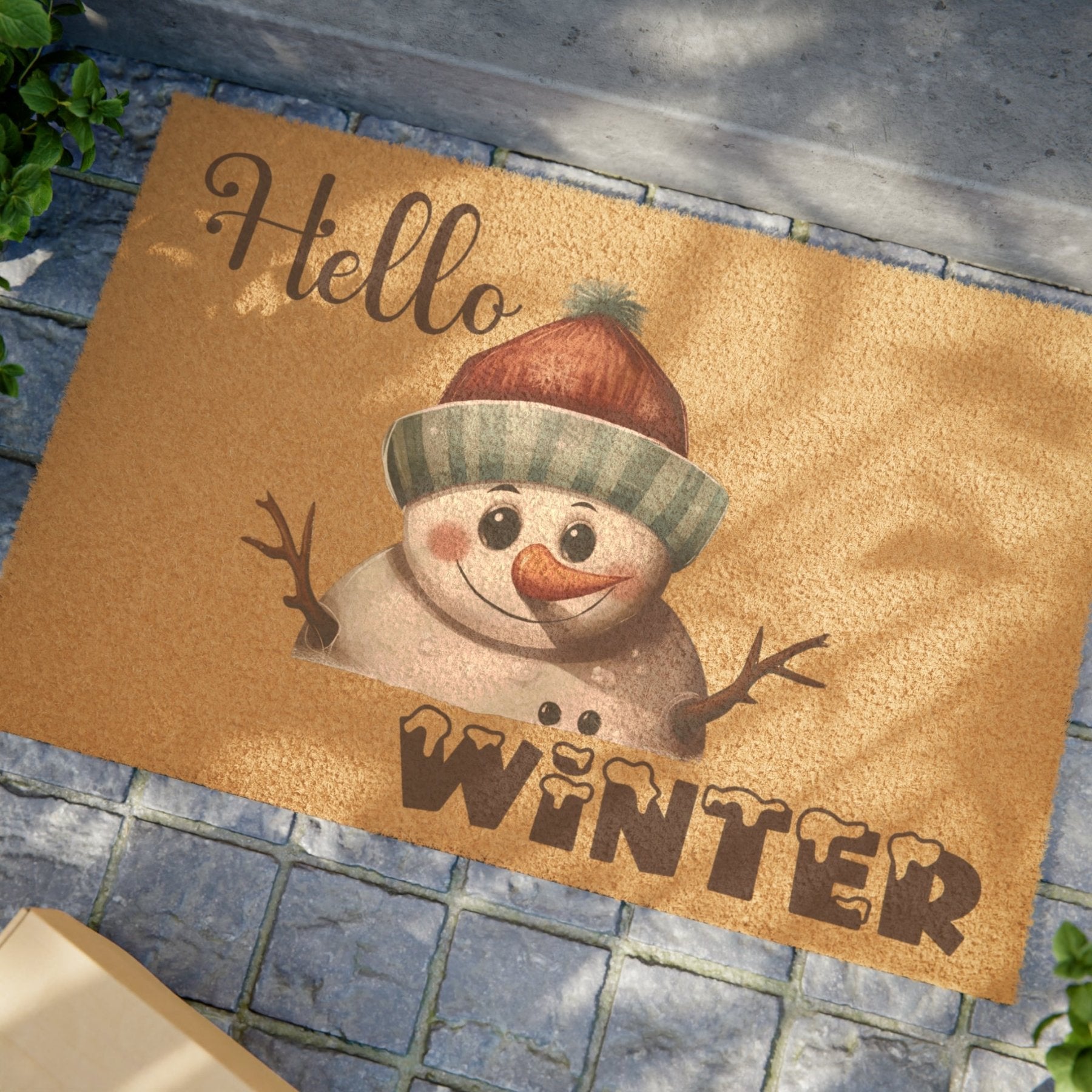 Doormat, Door Mat, Snowman, Winter, Hello Winter Brown, Snowman 4 - Janlyn's Crafts