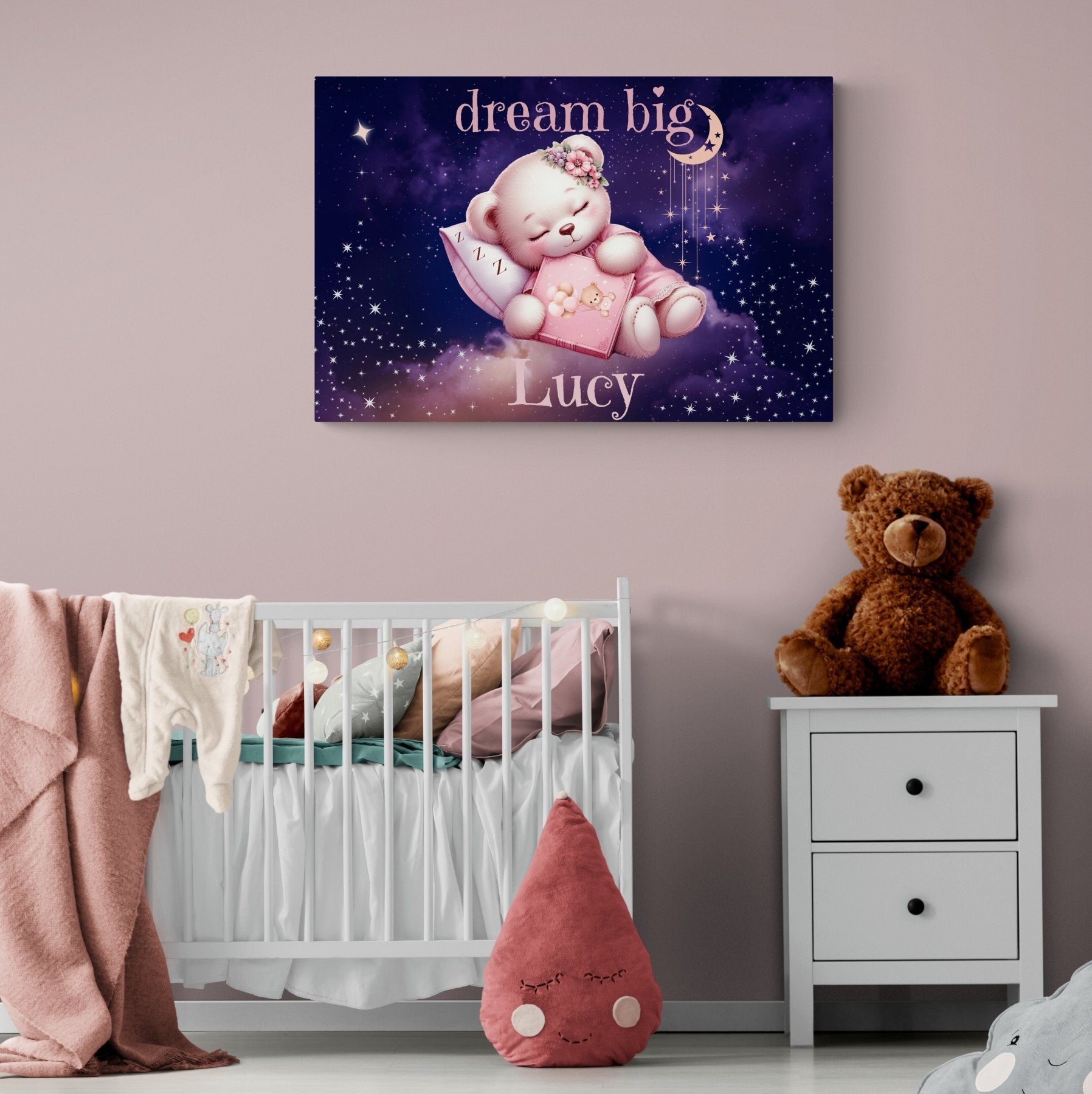 Dream Big, Personalized Sleeping Bear, Pink - Janlyn's Crafts