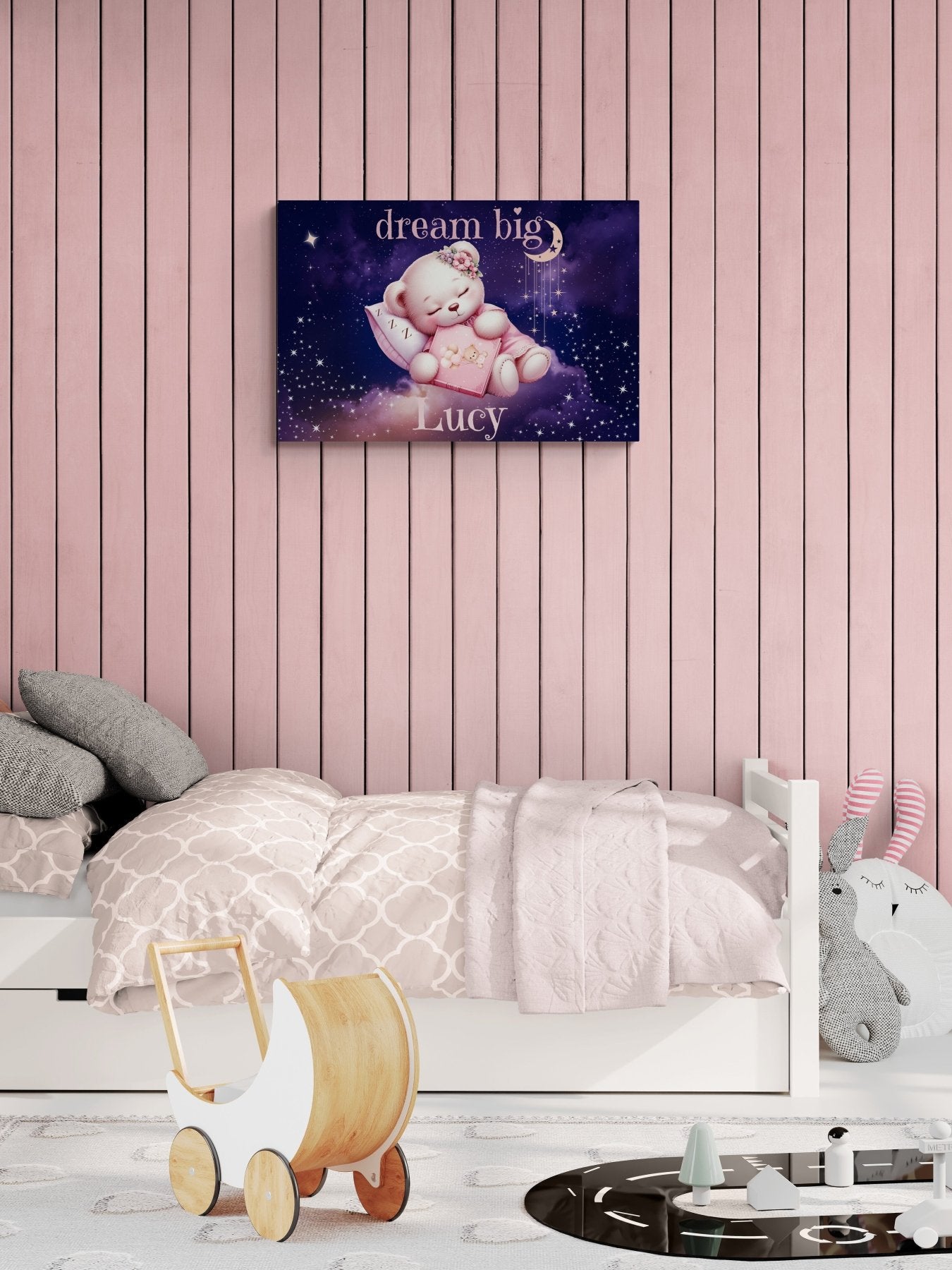 Dream Big, Personalized Sleeping Bear, Pink - Janlyn's Crafts