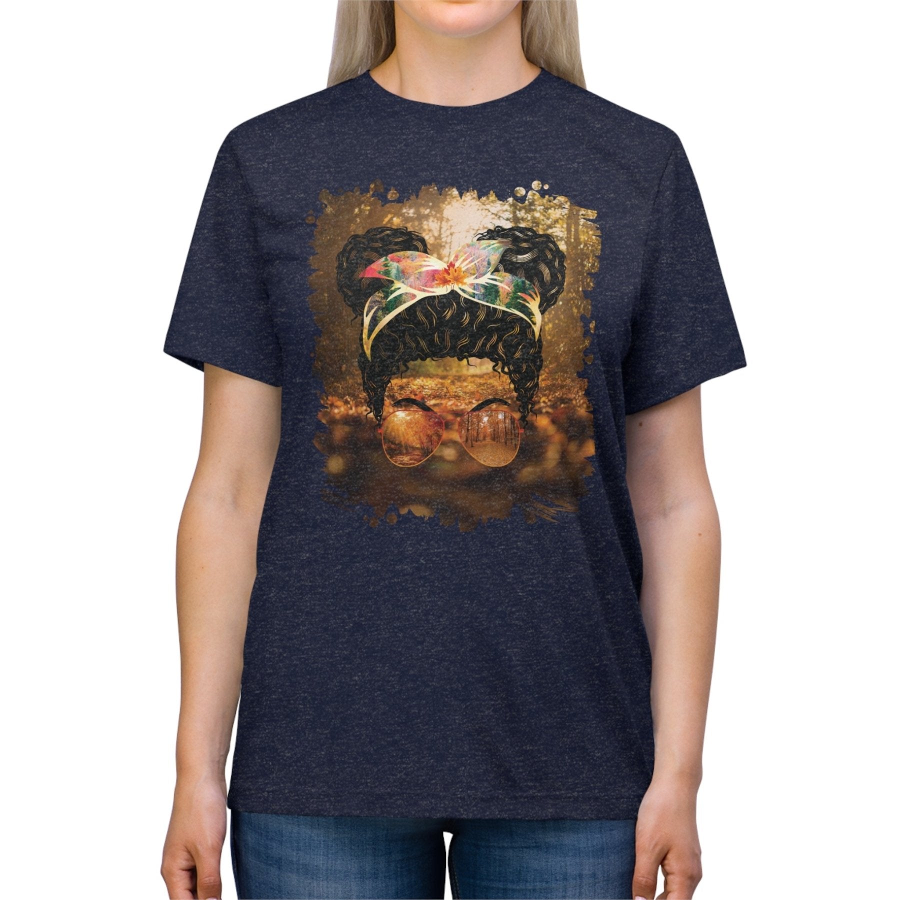 Fall Forest, Black Hair Messy Bun, Unisex Triblend T - Shirt - Janlyn's Crafts