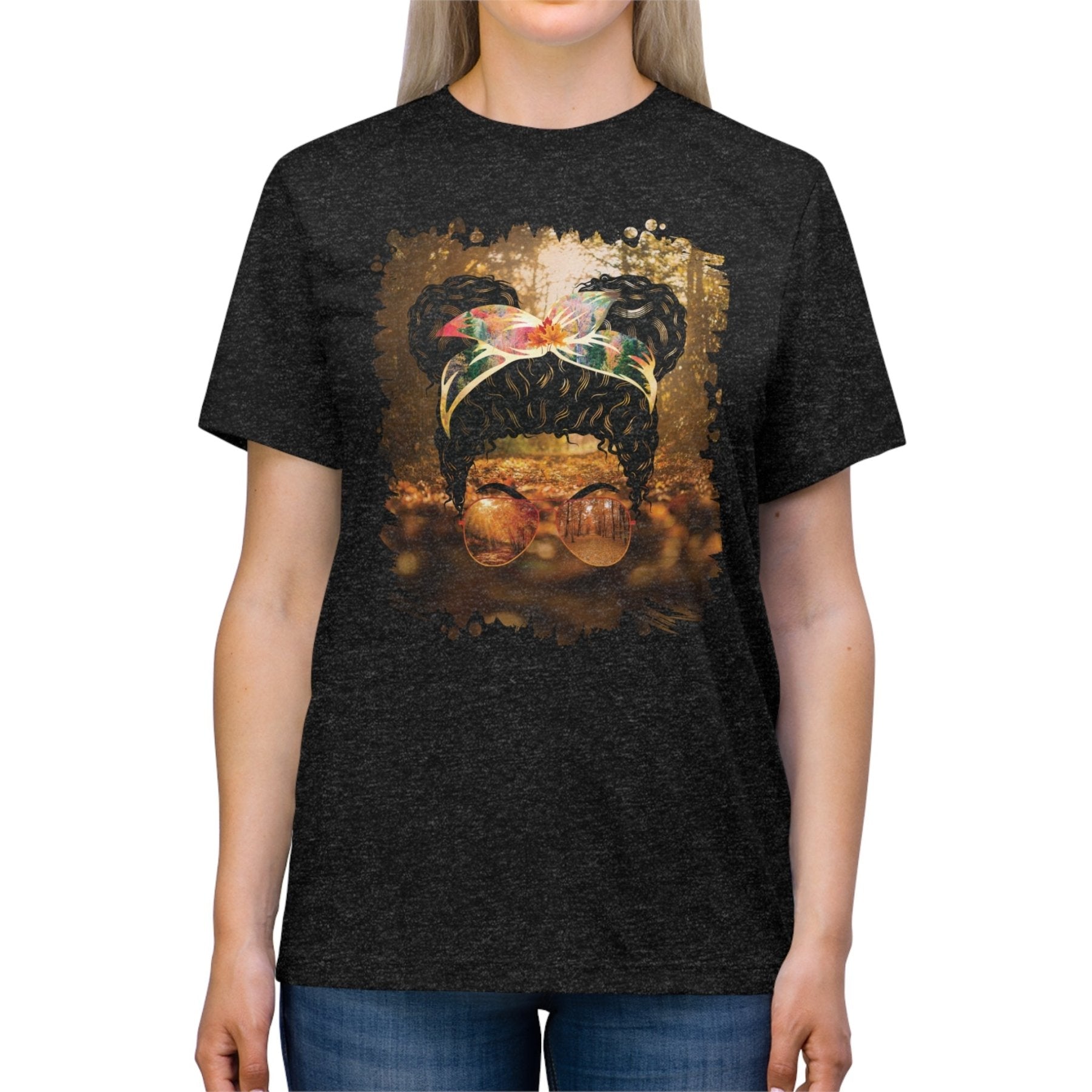 Fall Forest, Black Hair Messy Bun, Unisex Triblend T - Shirt - Janlyn's Crafts