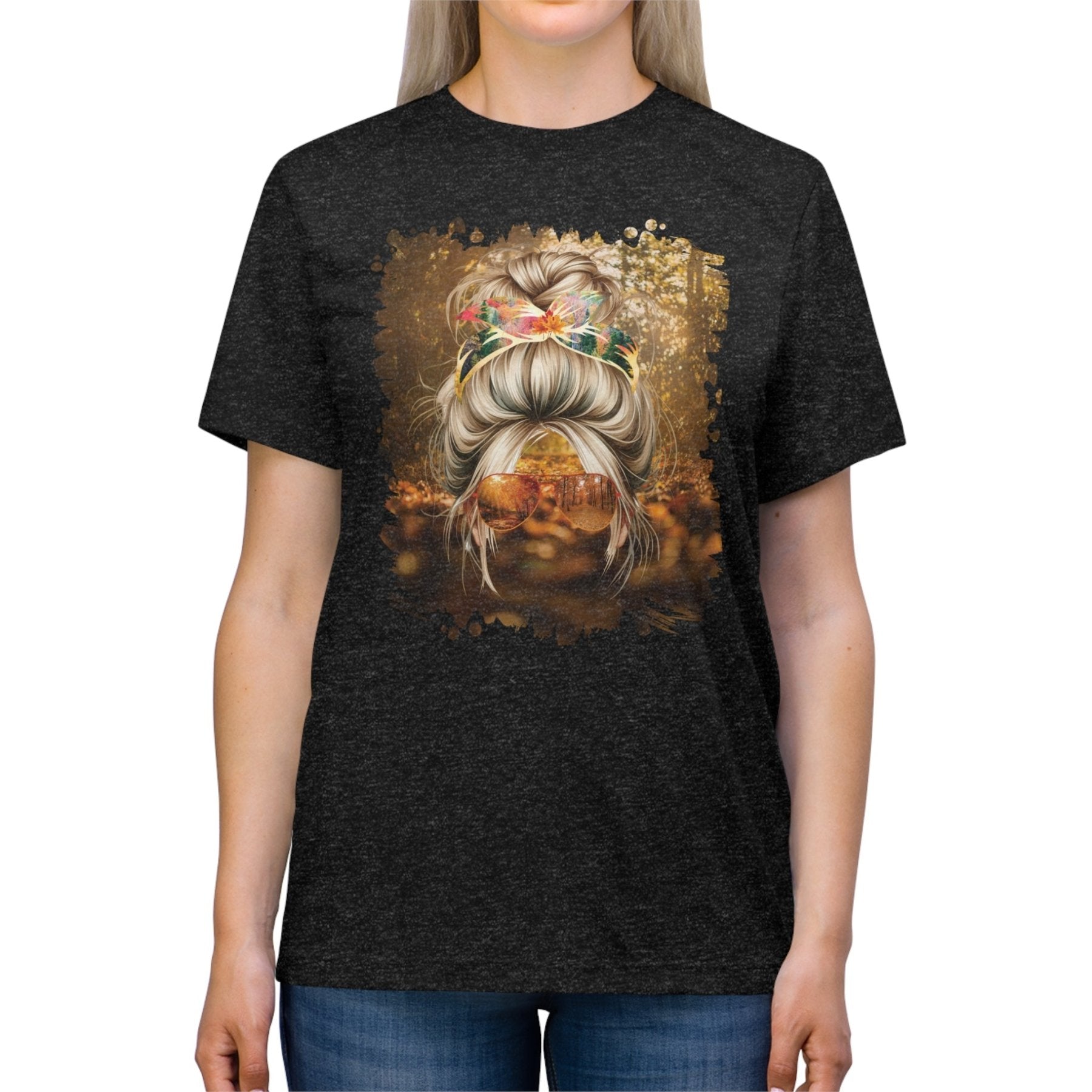 Fall Forest, Blond Hair Messy Bun, Unisex Triblend T - Shirt - Janlyn's Crafts