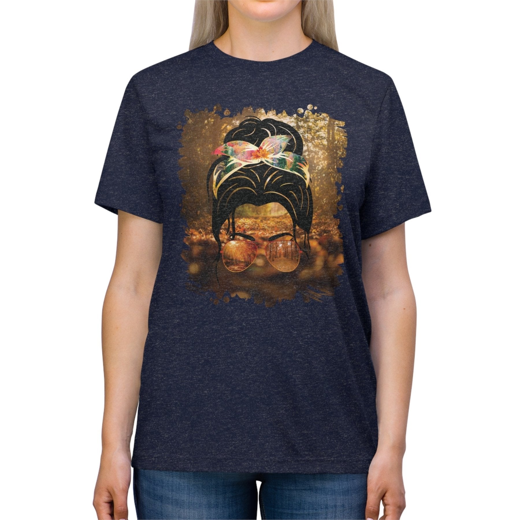 Fall Forest, Dark Hair Messy Bun, Unisex Triblend T - Shirt - Janlyn's Crafts