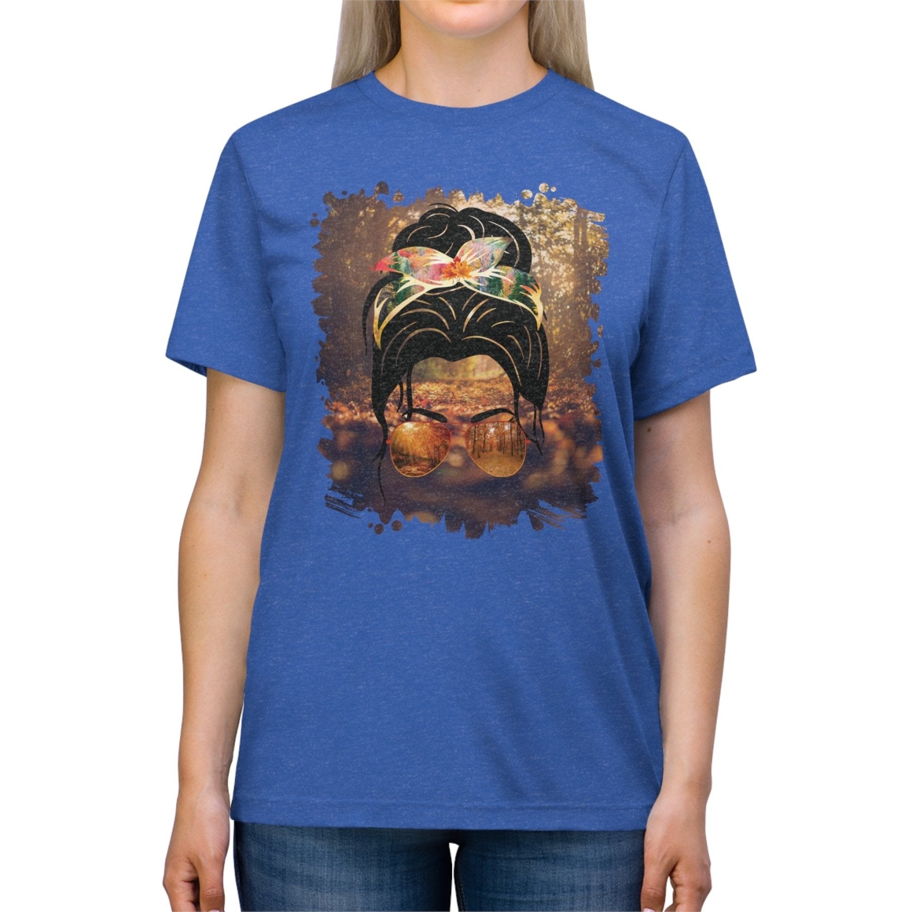 Fall Forest, Dark Hair Messy Bun, Unisex Triblend T - Shirt - Janlyn's Crafts