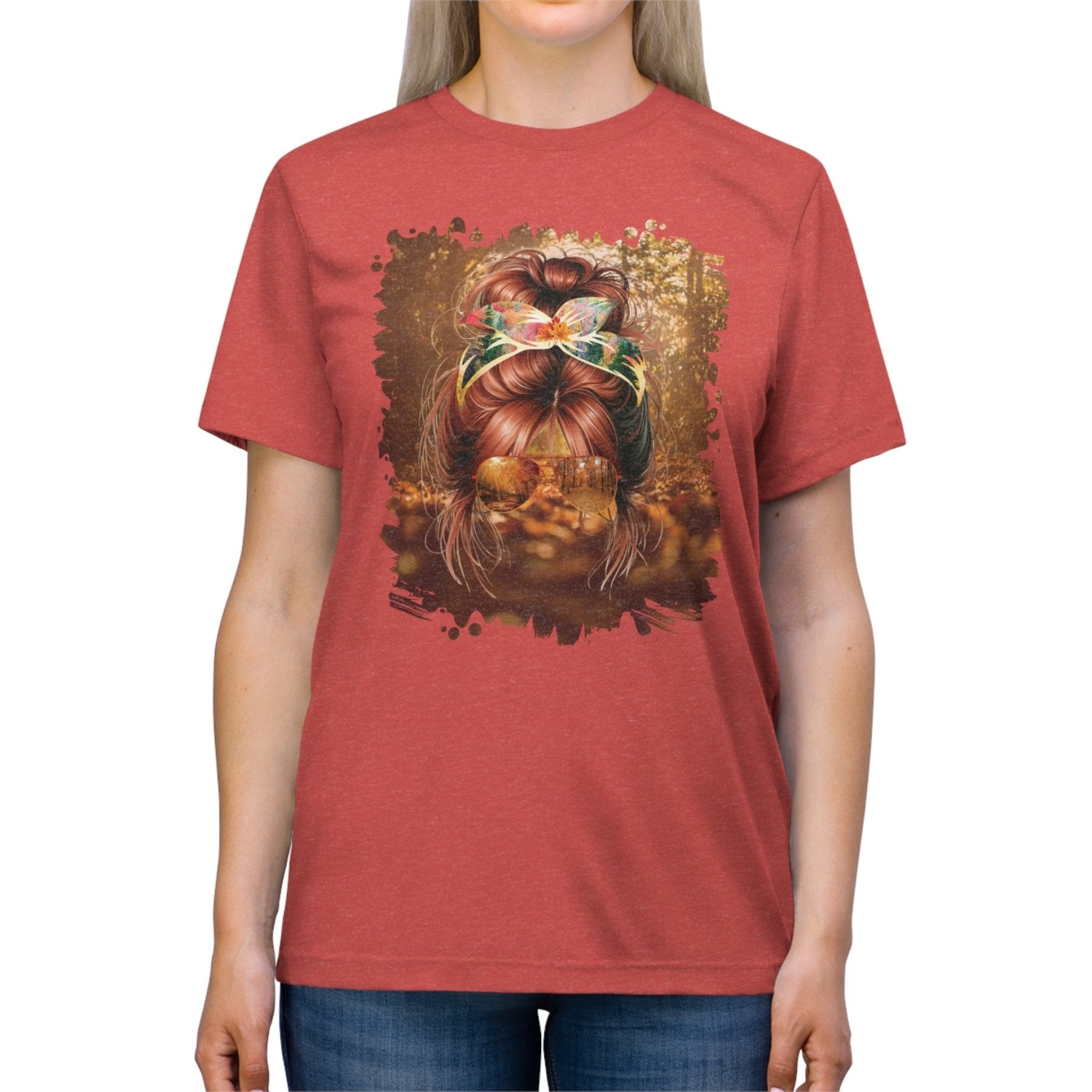 Fall Forest, Red Hair Messy Bun, Unisex Triblend T - Shirt - Janlyn's Crafts