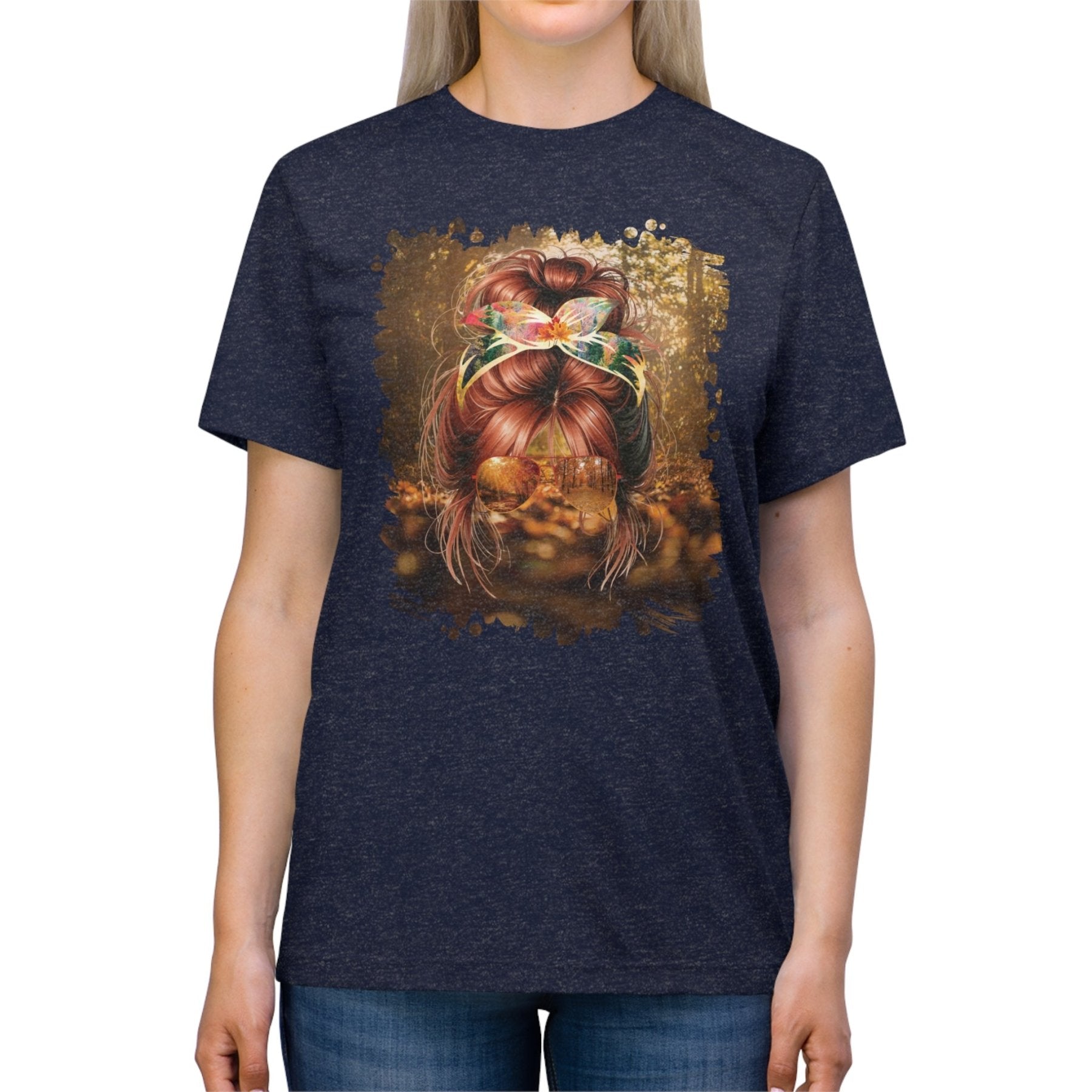 Fall Forest, Red Hair Messy Bun, Unisex Triblend T - Shirt - Janlyn's Crafts