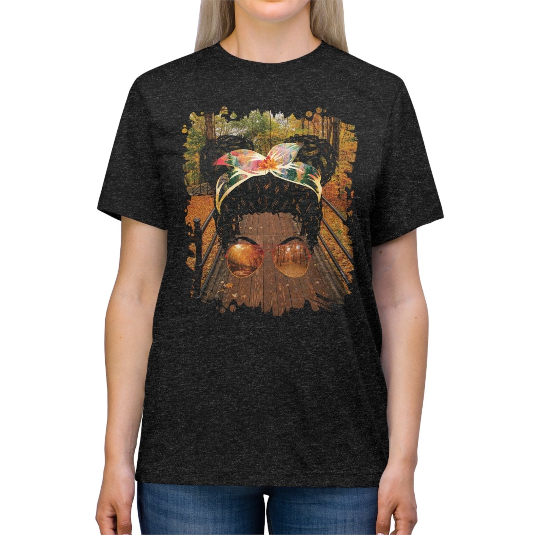 Fall Hike, Black Hair Messy Bun, Unisex Triblend T - Shirt - Janlyn's Crafts