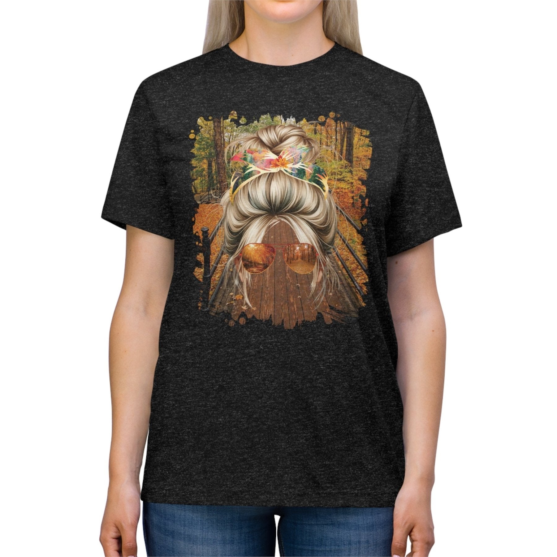 Fall Hike, Blond Hair Messy Bun, Unisex Triblend T - Shirt - Janlyn's Crafts