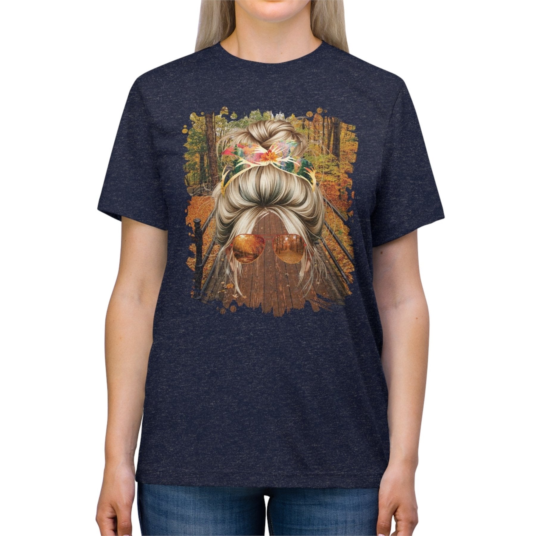 Fall Hike, Blond Hair Messy Bun, Unisex Triblend T - Shirt - Janlyn's Crafts