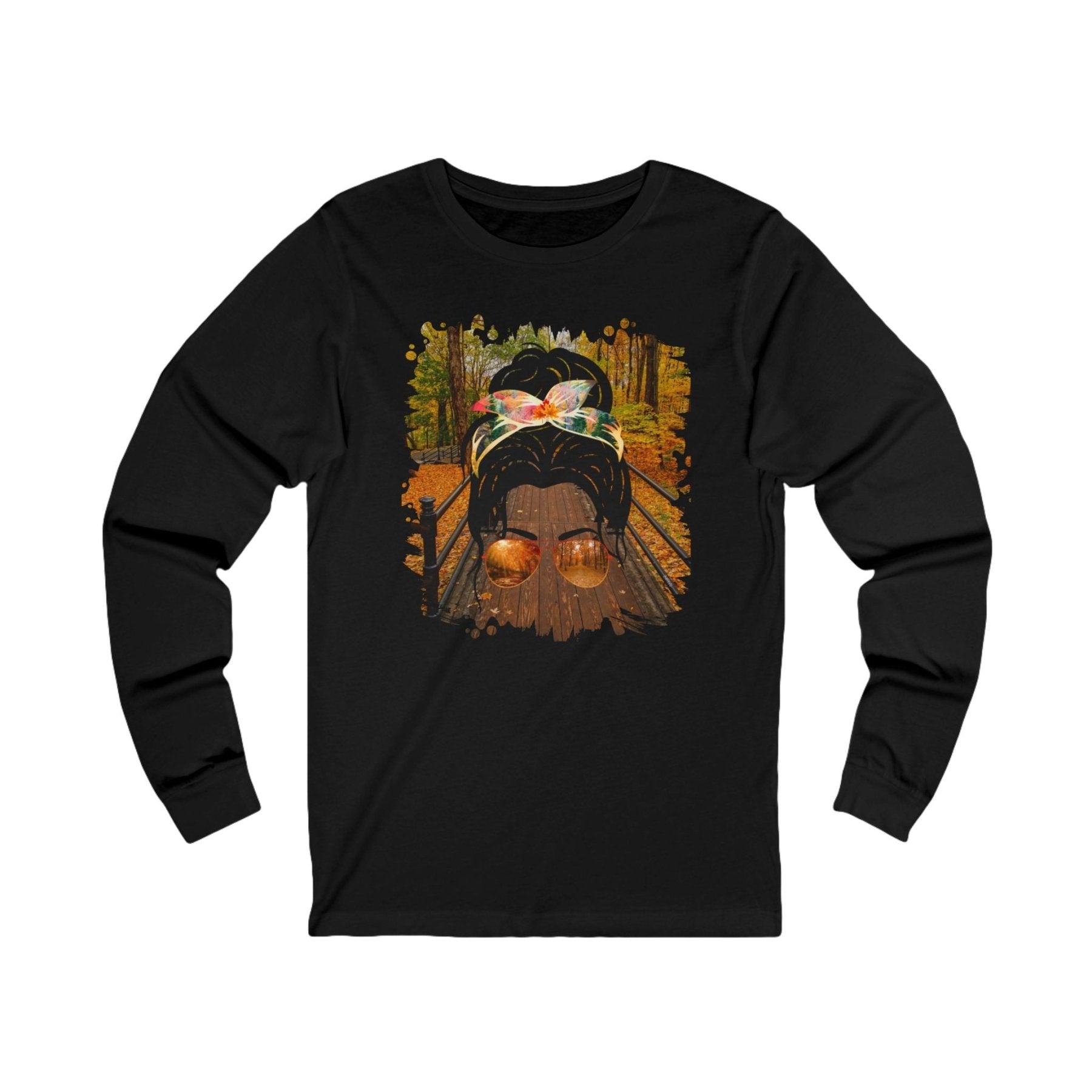 Fall Hike, Dark Hair Messy Bun, Unisex Jersey Long Sleeve Tee - Janlyn's Crafts