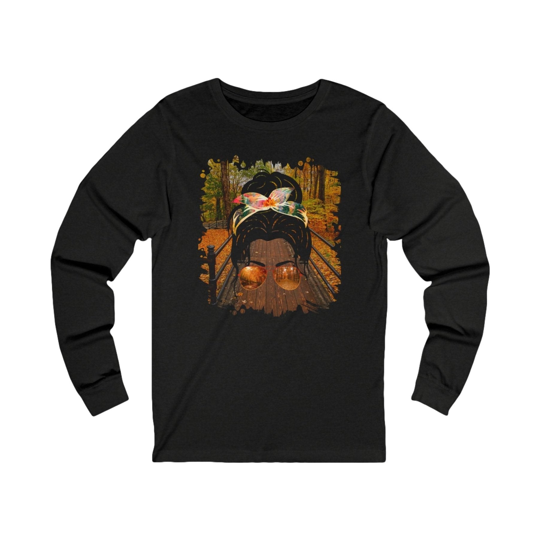 Fall Hike, Dark Hair Messy Bun, Unisex Jersey Long Sleeve Tee - Janlyn's Crafts