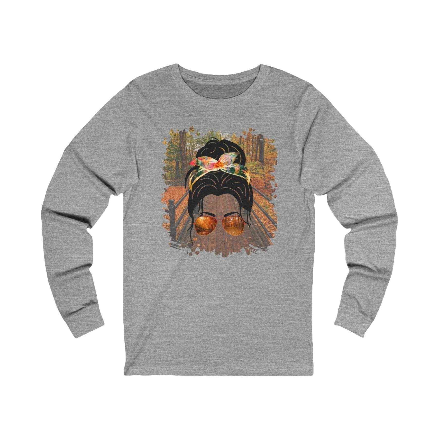 Fall Hike, Dark Hair Messy Bun, Unisex Jersey Long Sleeve Tee - Janlyn's Crafts