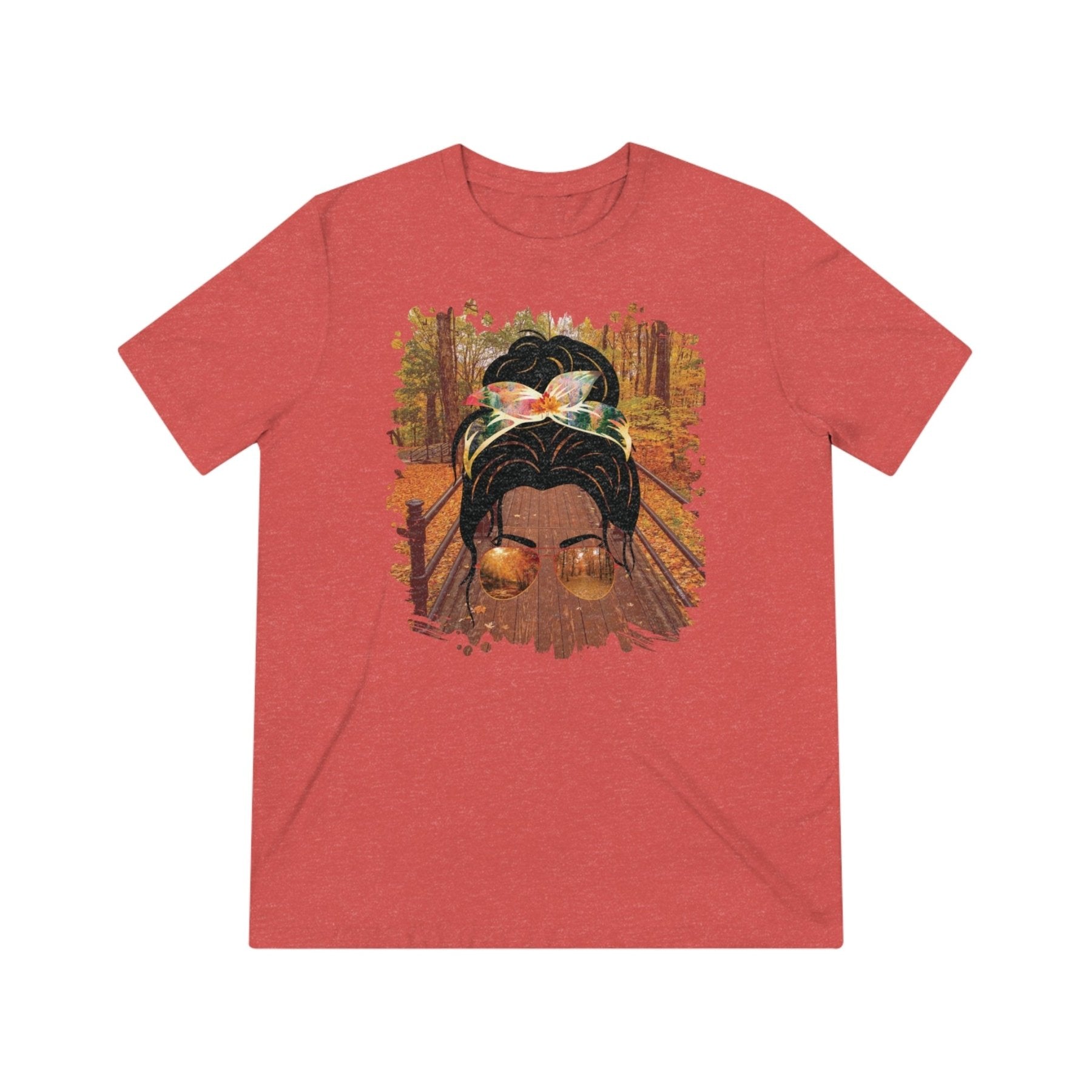 Fall Hike, Dark Hair Messy Bun, Unisex Triblend T - Shirt - Janlyn's Crafts