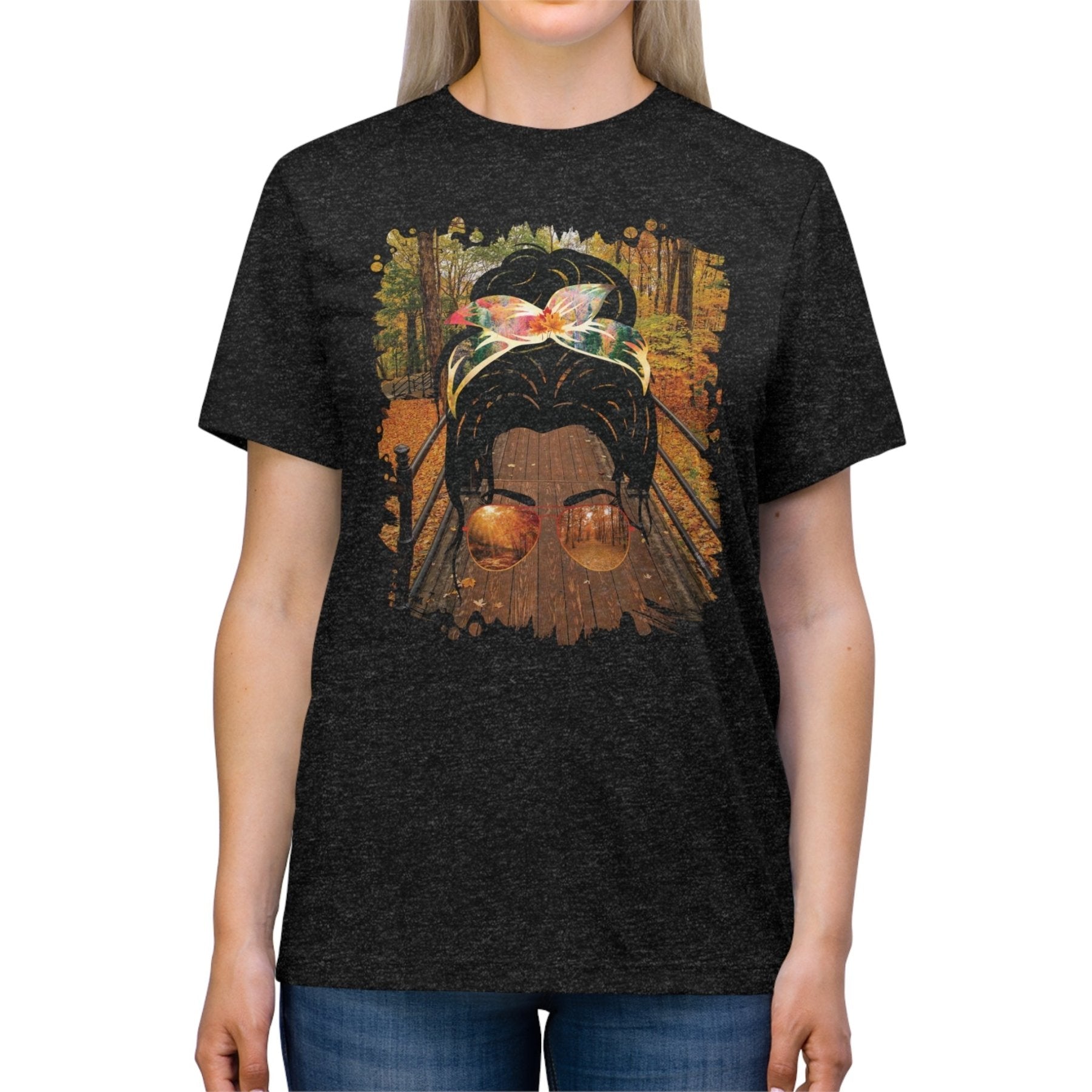 Fall Hike, Dark Hair Messy Bun, Unisex Triblend T - Shirt - Janlyn's Crafts