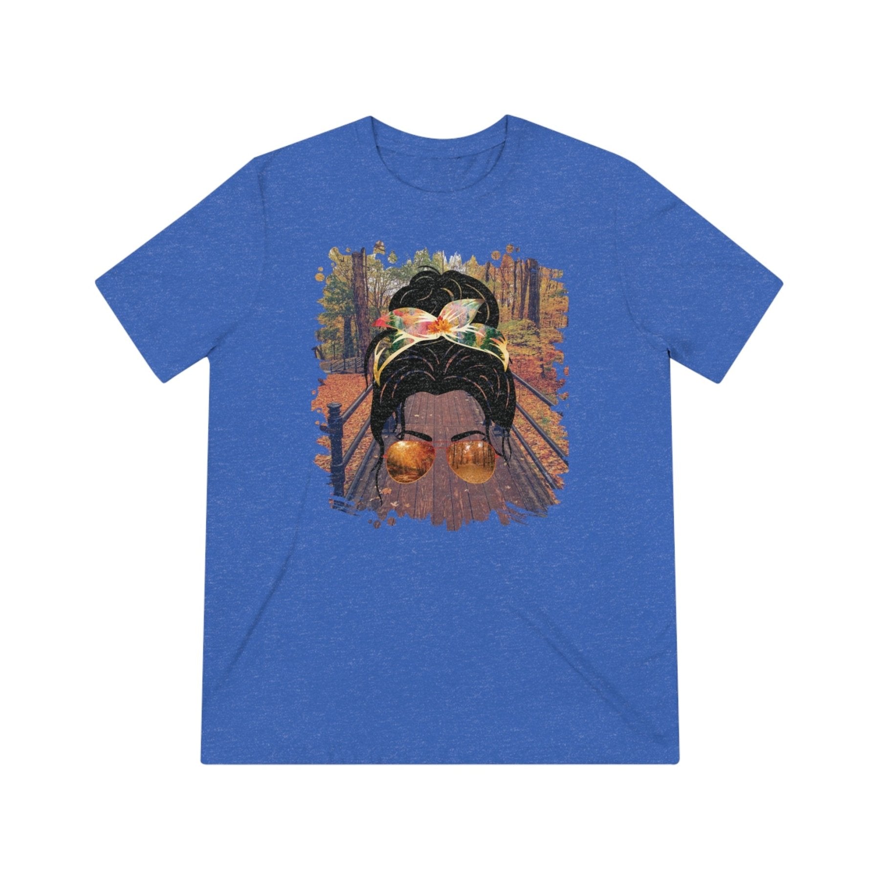 Fall Hike, Dark Hair Messy Bun, Unisex Triblend T - Shirt - Janlyn's Crafts