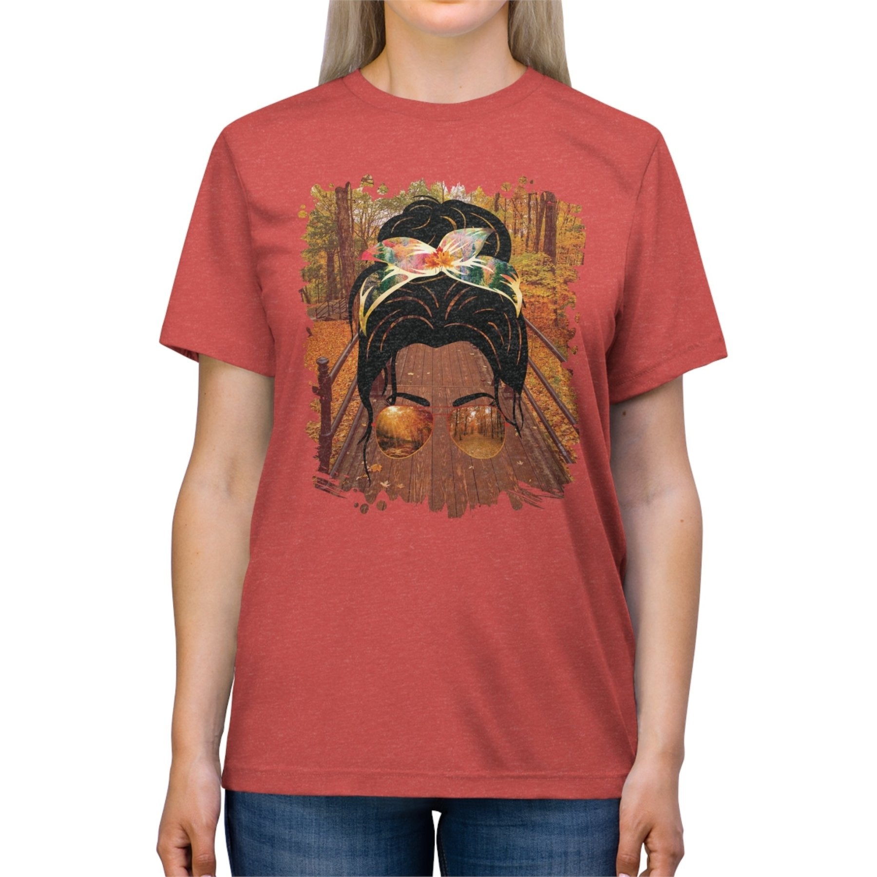 Fall Hike, Dark Hair Messy Bun, Unisex Triblend T - Shirt - Janlyn's Crafts