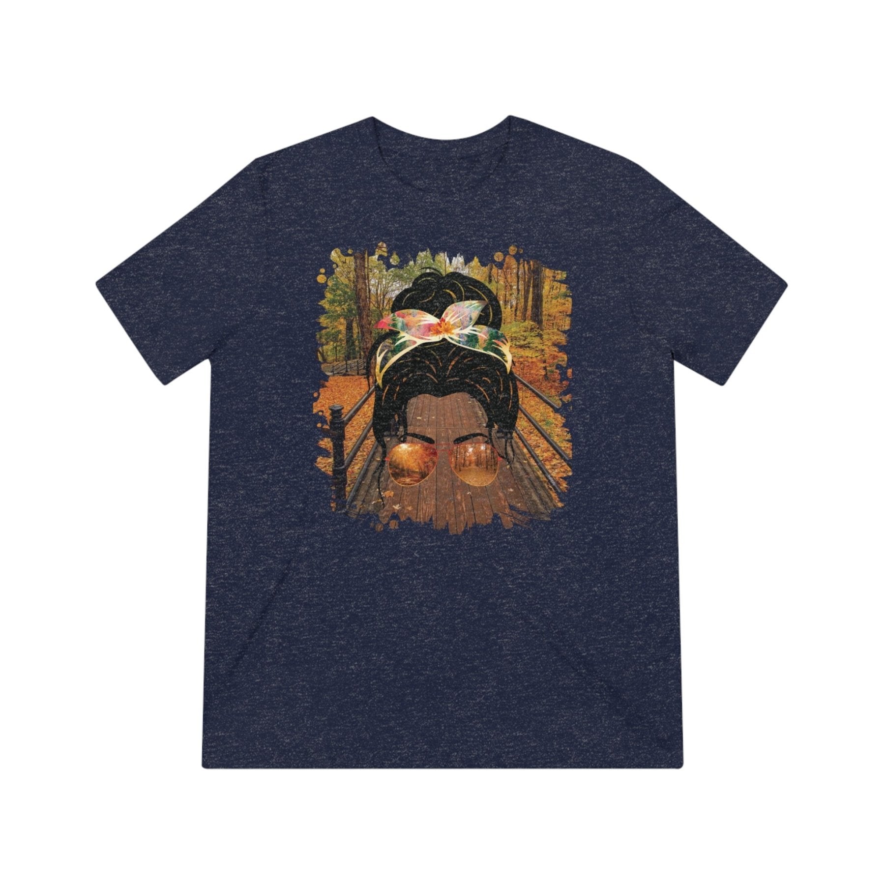 Fall Hike, Dark Hair Messy Bun, Unisex Triblend T - Shirt - Janlyn's Crafts