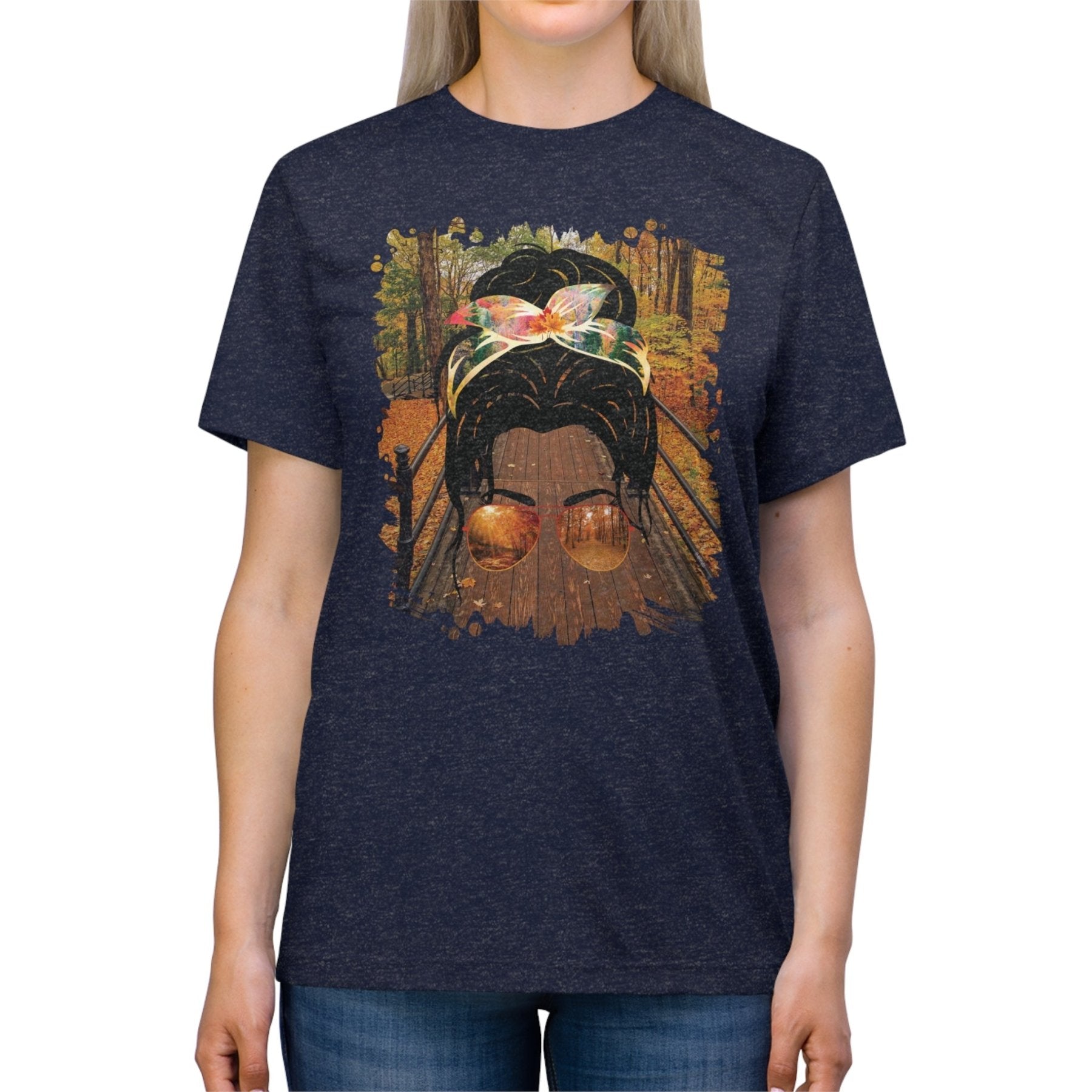 Fall Hike, Dark Hair Messy Bun, Unisex Triblend T - Shirt - Janlyn's Crafts