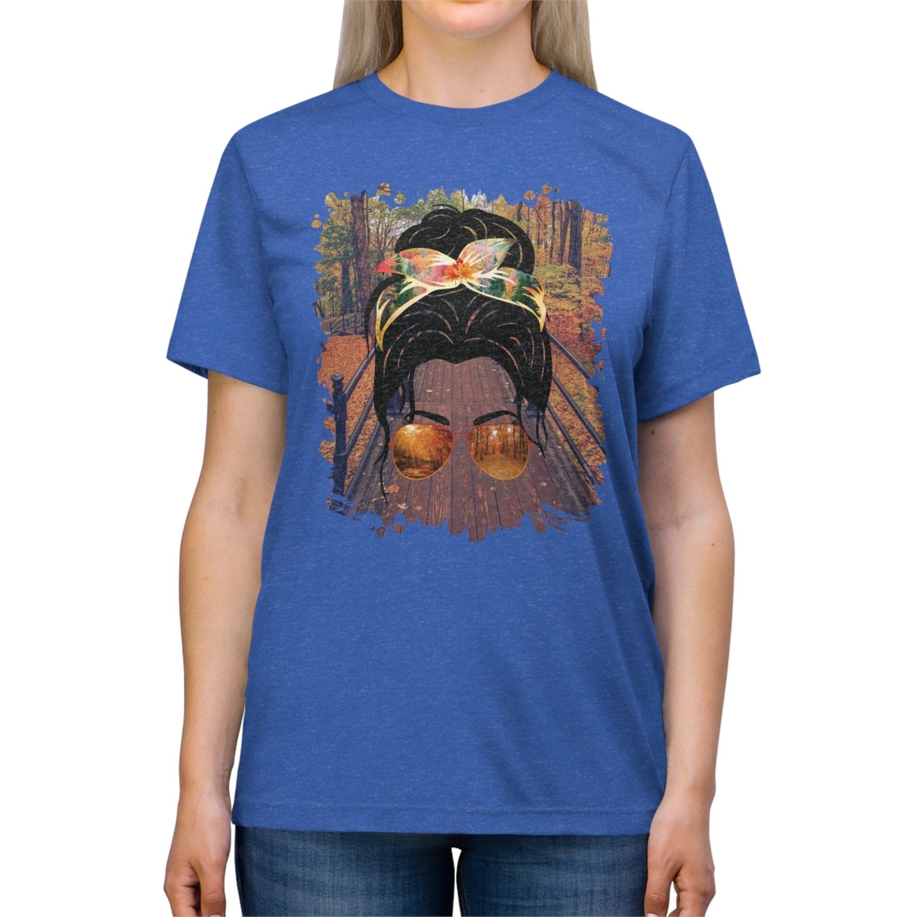 Fall Hike, Dark Hair Messy Bun, Unisex Triblend T - Shirt - Janlyn's Crafts