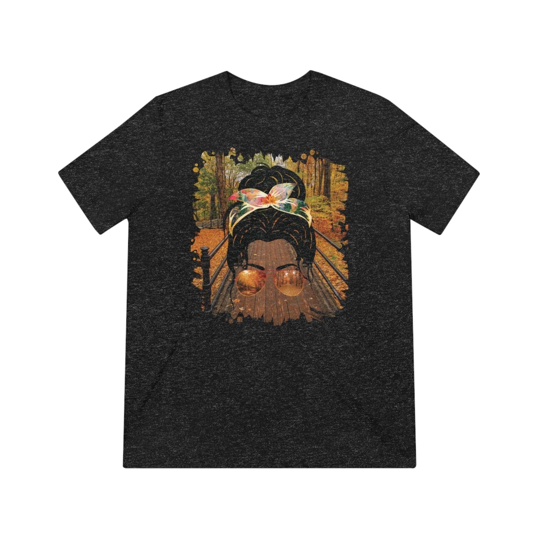 Fall Hike, Dark Hair Messy Bun, Unisex Triblend T - Shirt - Janlyn's Crafts